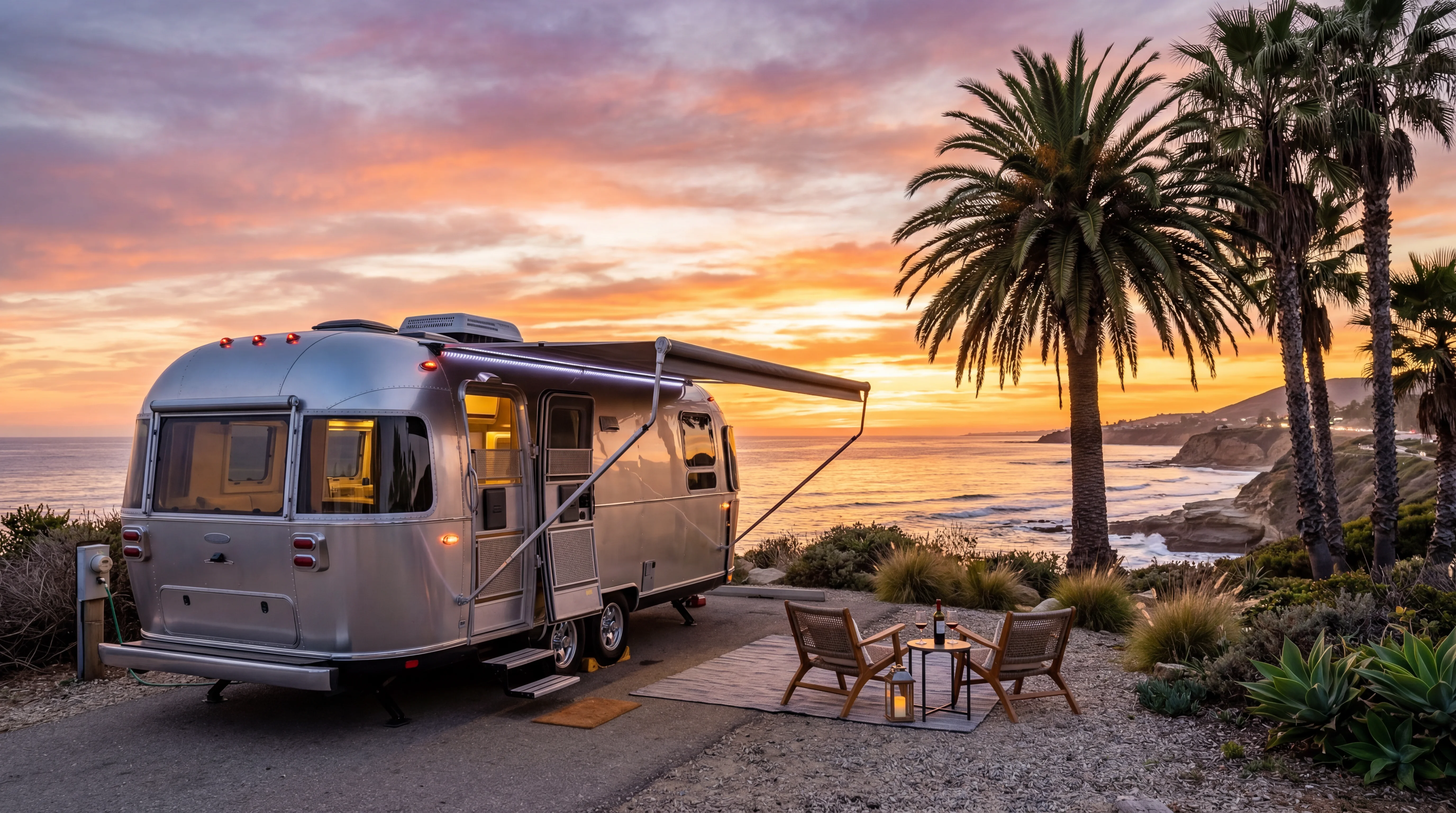 Modern RV at a scenic San Diego coastal campsite with ocean views and palm trees