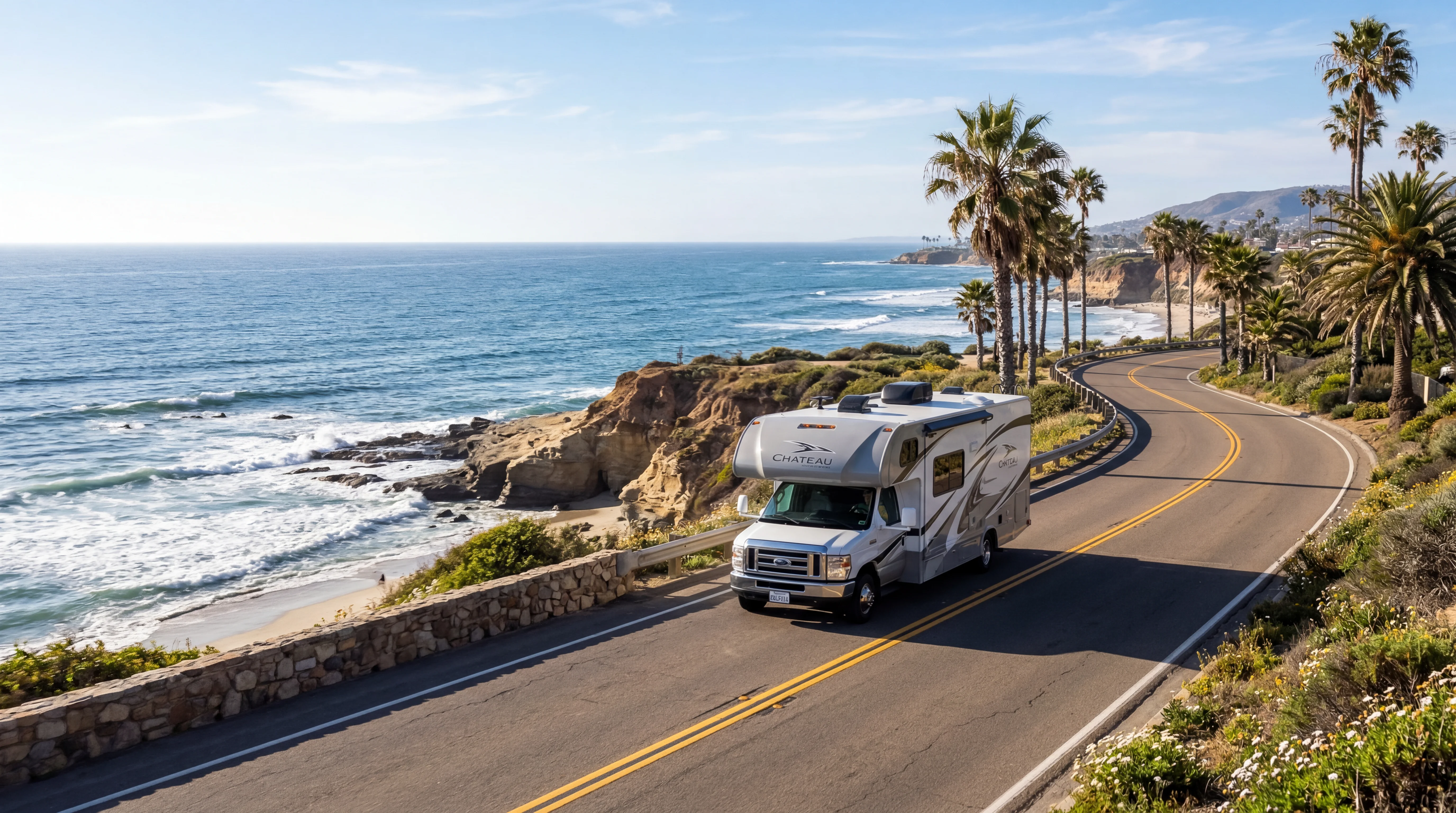 Modern RV driving along scenic San Diego coastal road with Pacific Ocean views and palm trees