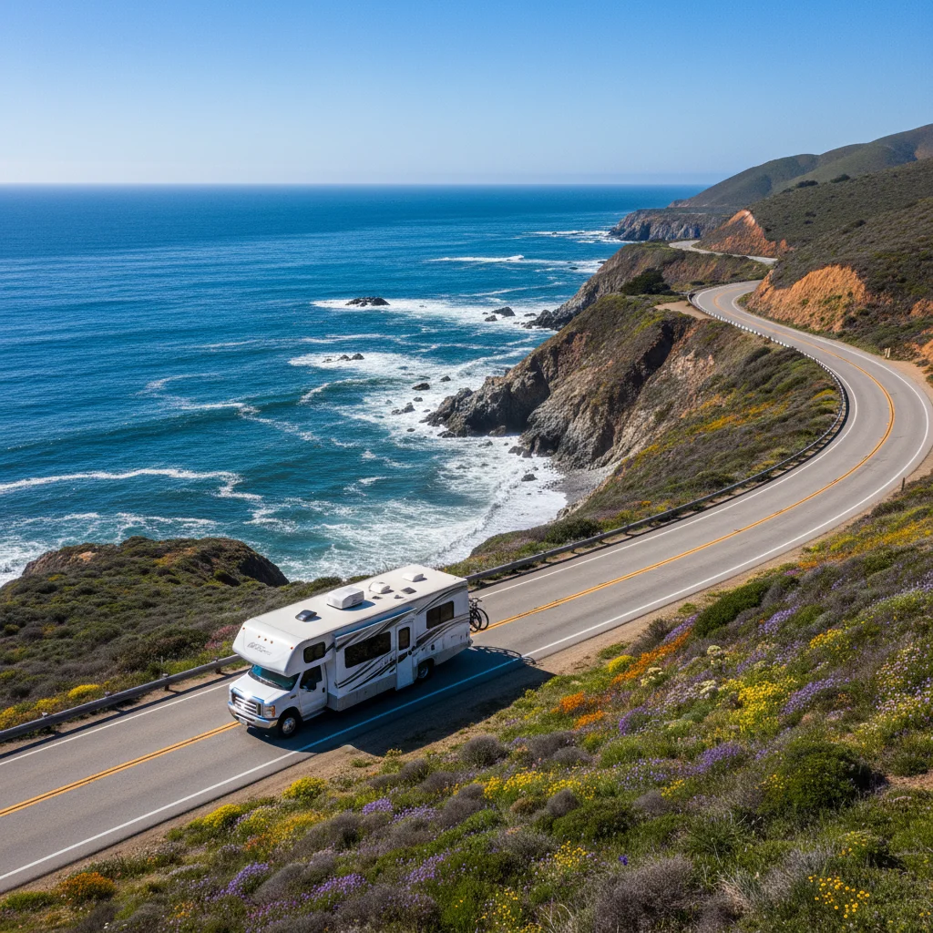 Class C motorhome driving along a scenic San Diego coastal road with ocean cliffs and blue Pacific water