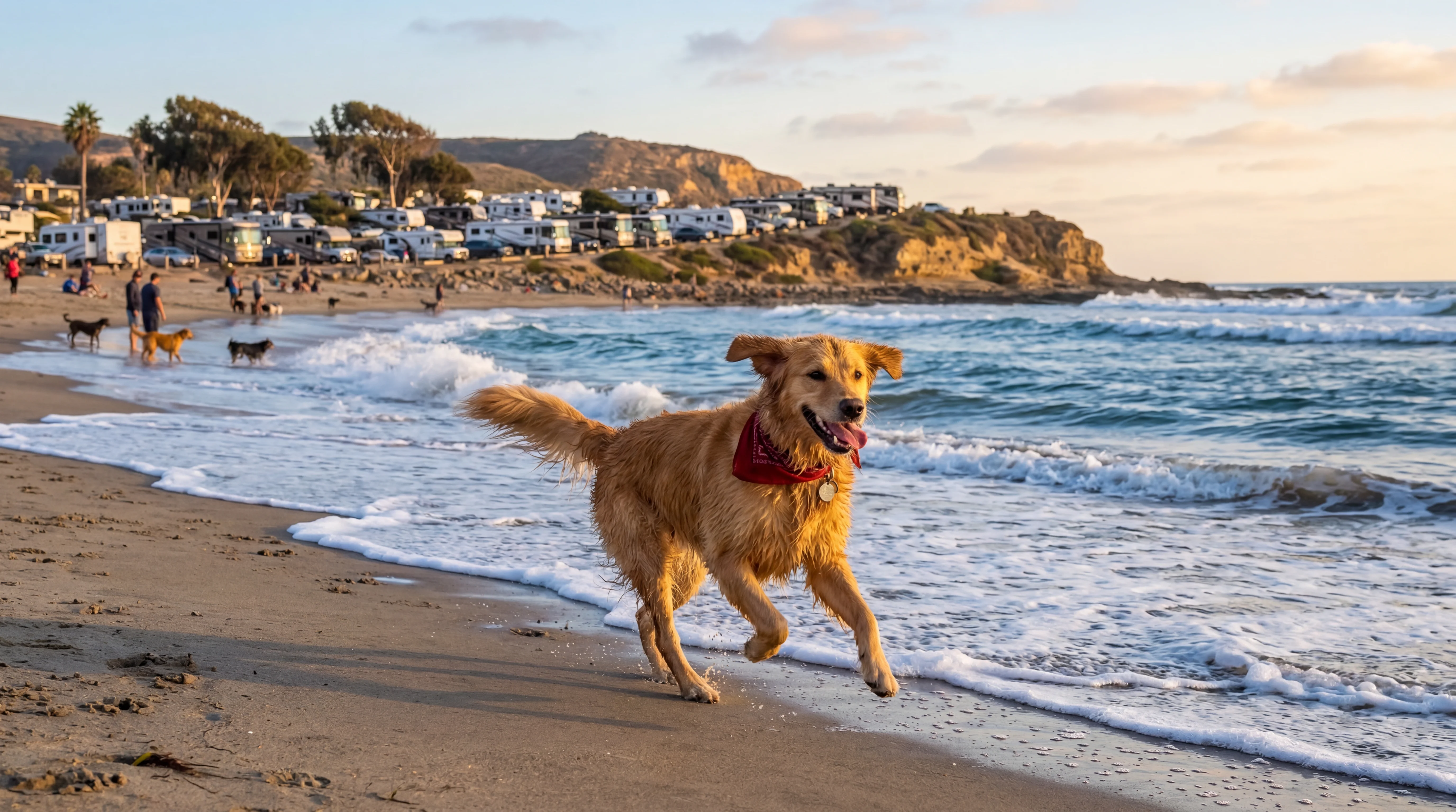 Happy dog running on San Diego beach with ocean waves and RV campground in background