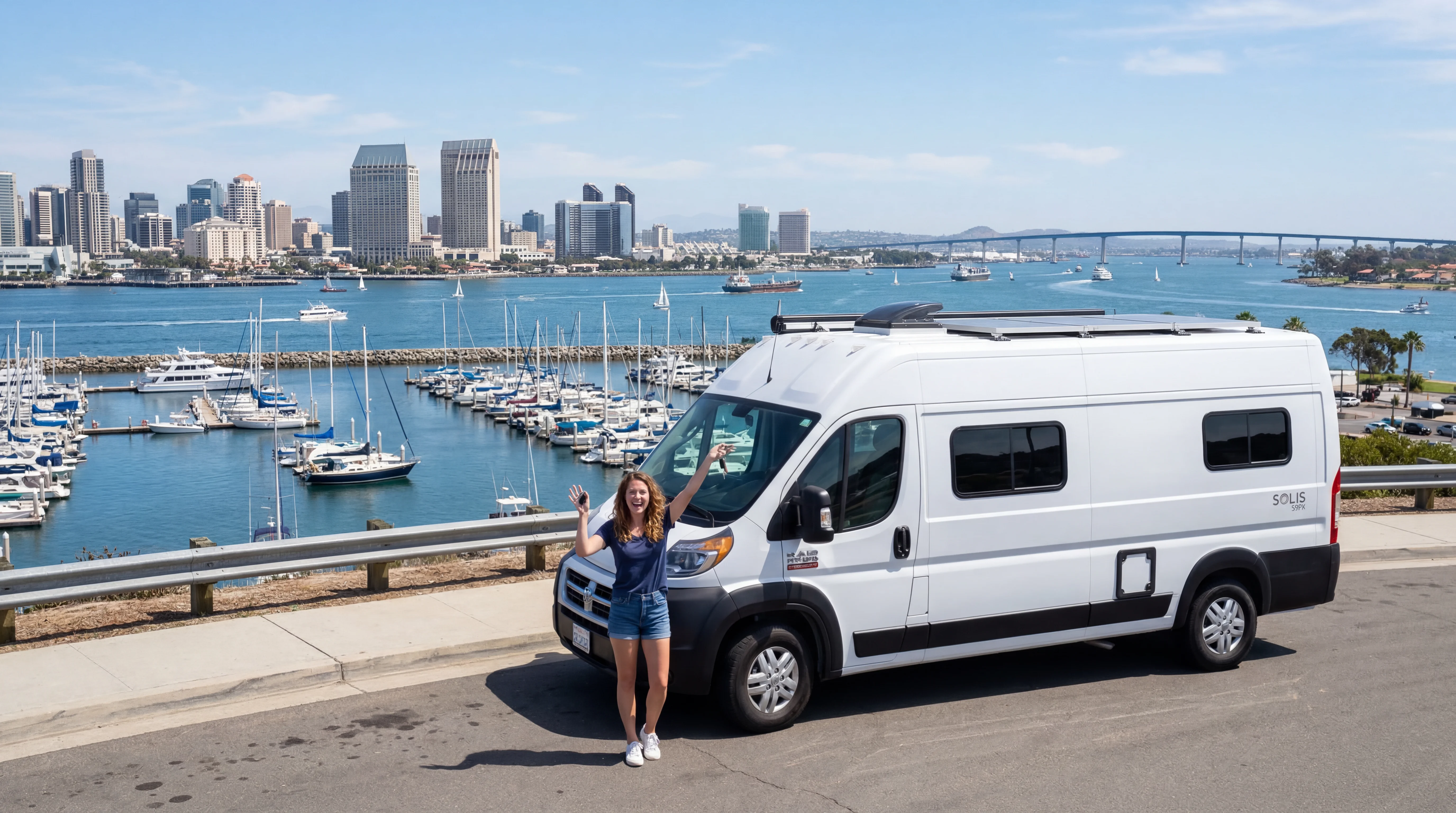 Excited first time RV renter with San Diego bay and harbor backdrop