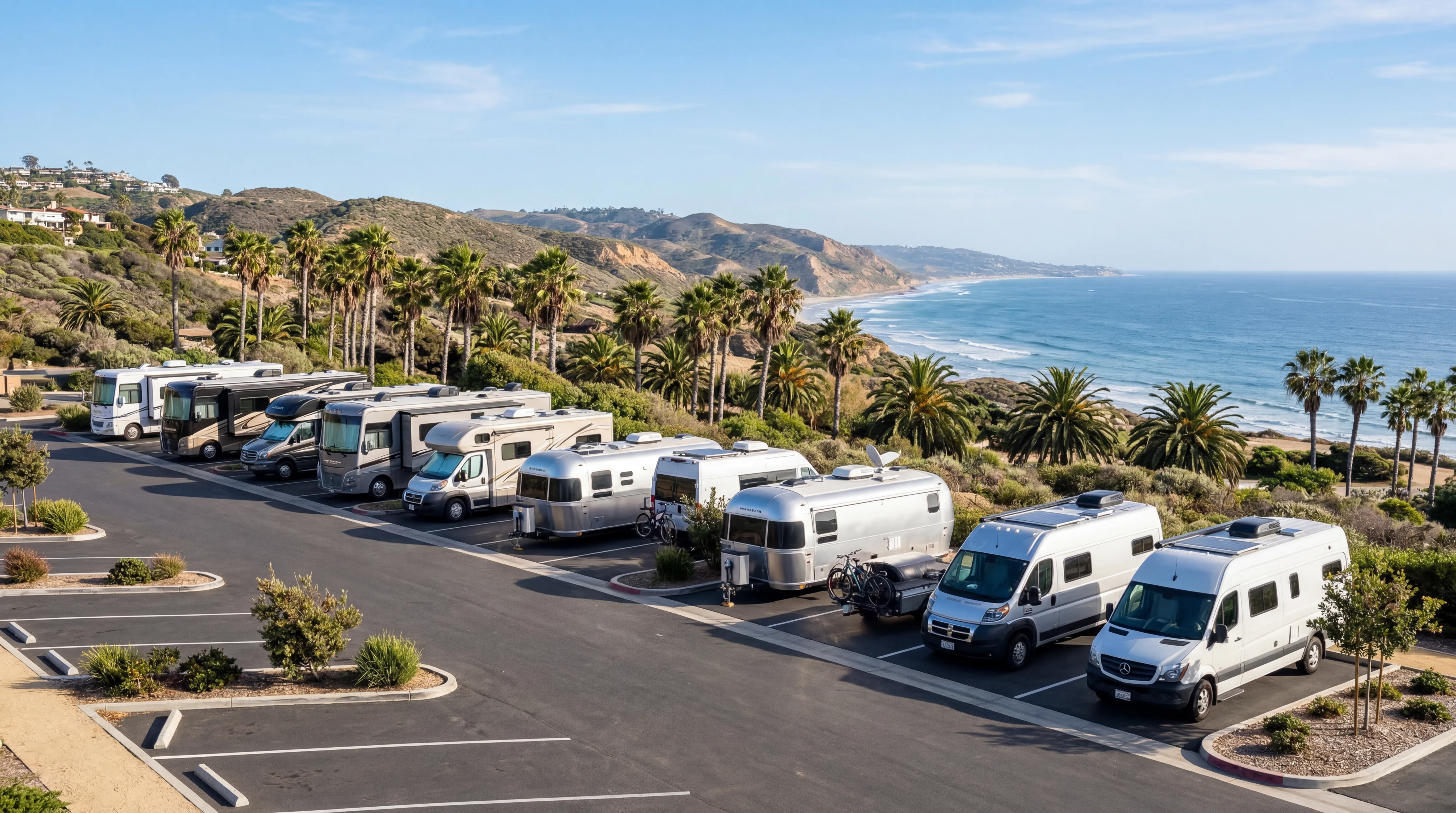 Row of modern RVs in San Diego lot with Pacific coast backdrop
