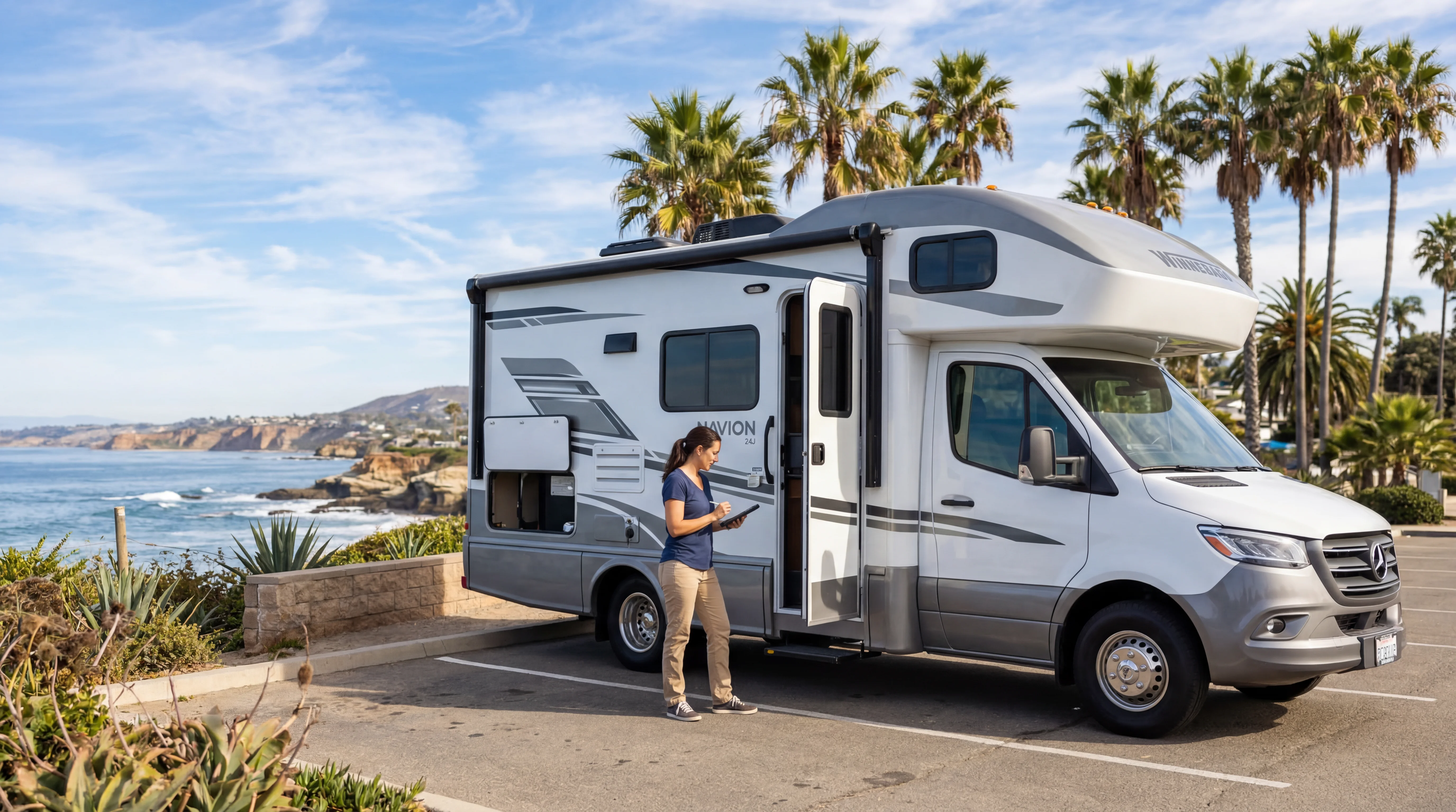 Person inspecting a modern RV in sunny San Diego with coastal palm trees