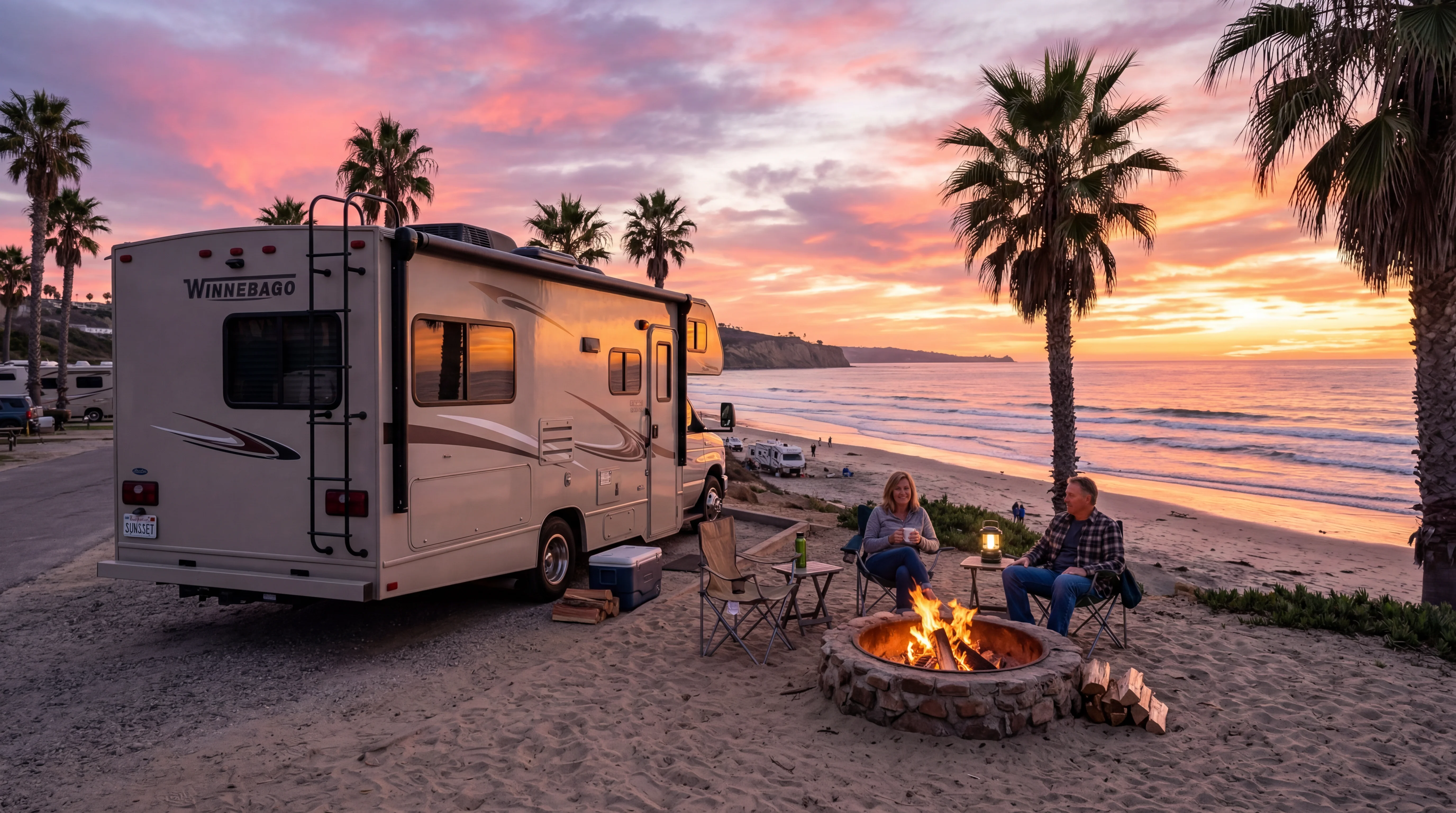 RV campsite at sunset on San Diego beach with palm trees and pink sky over Pacific Ocean