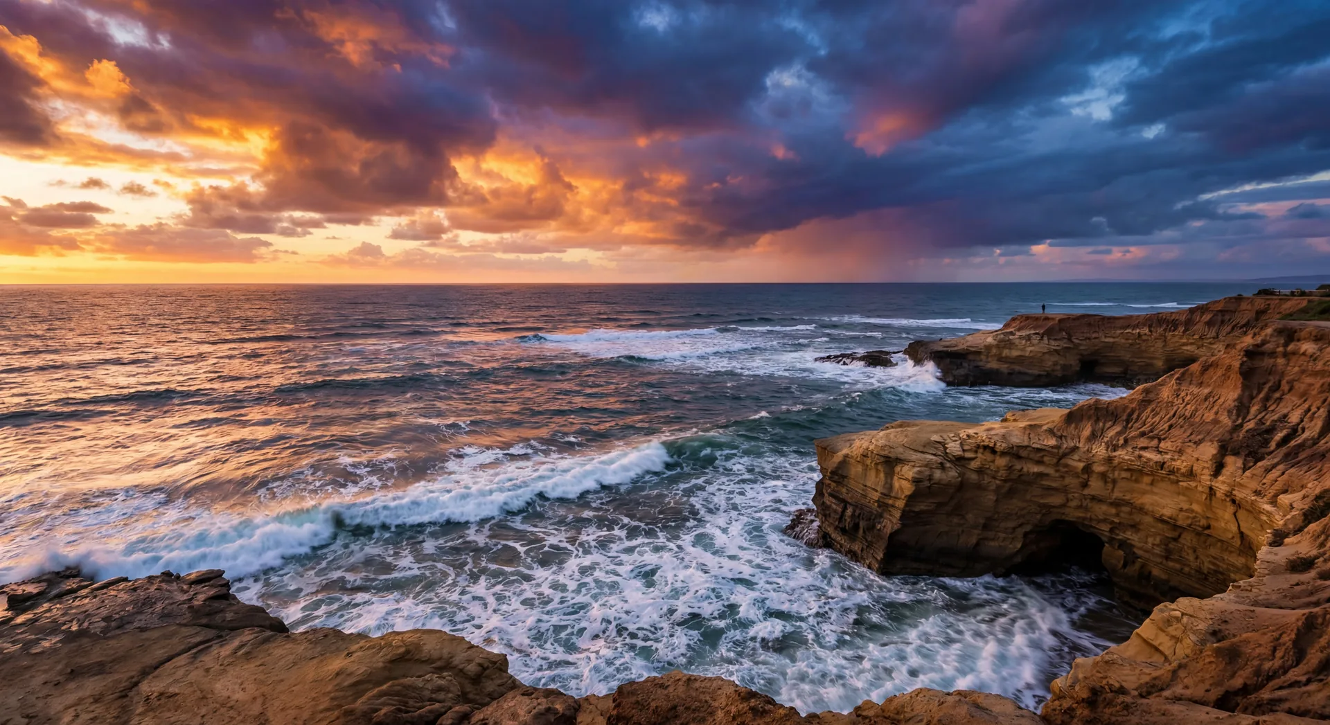 Sunset Cliffs San Diego with dramatic ocean sunset and rocky coastline