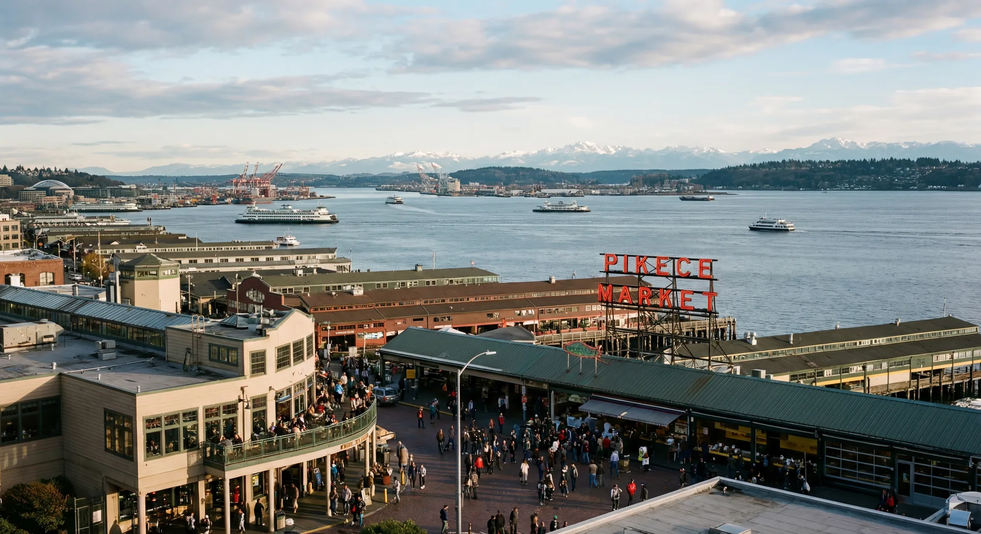 Pike Place Market Seattle waterfront with Puget Sound in background