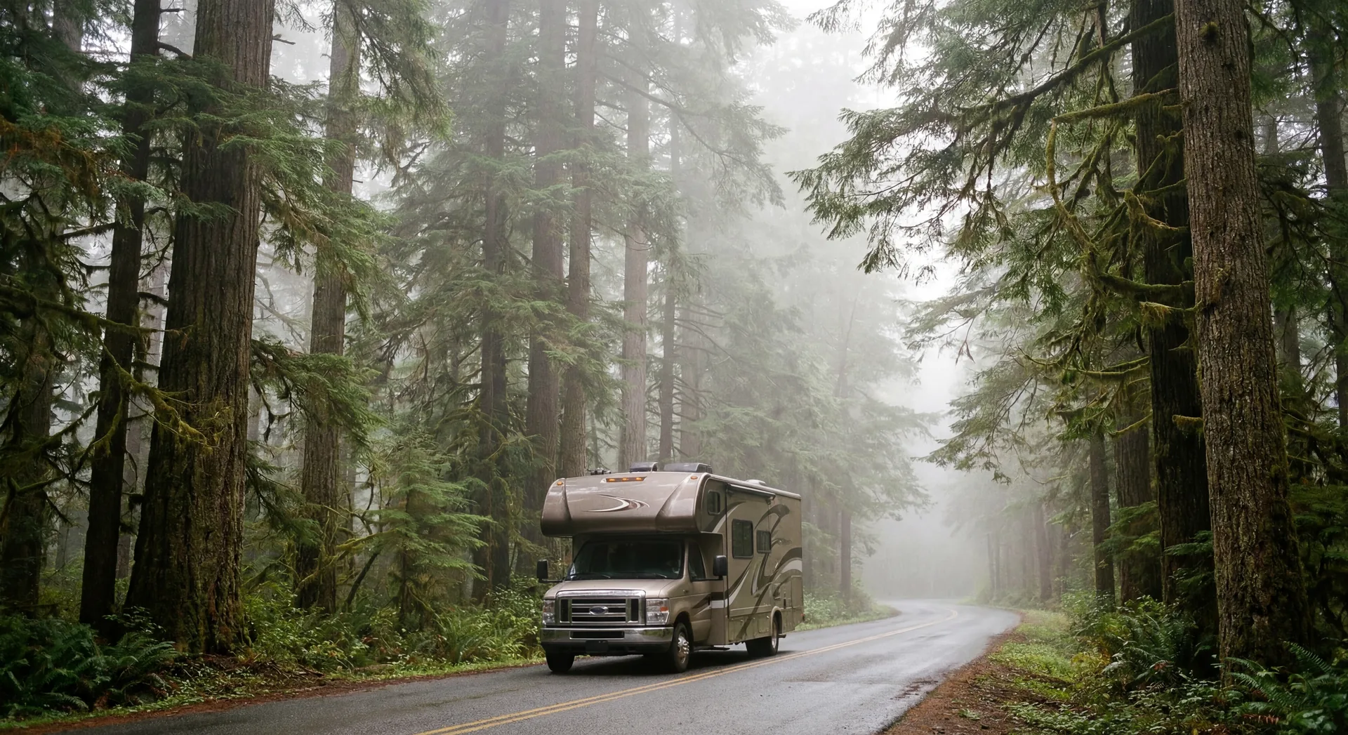 RV driving through Pacific Northwest forest with tall evergreen trees and fog