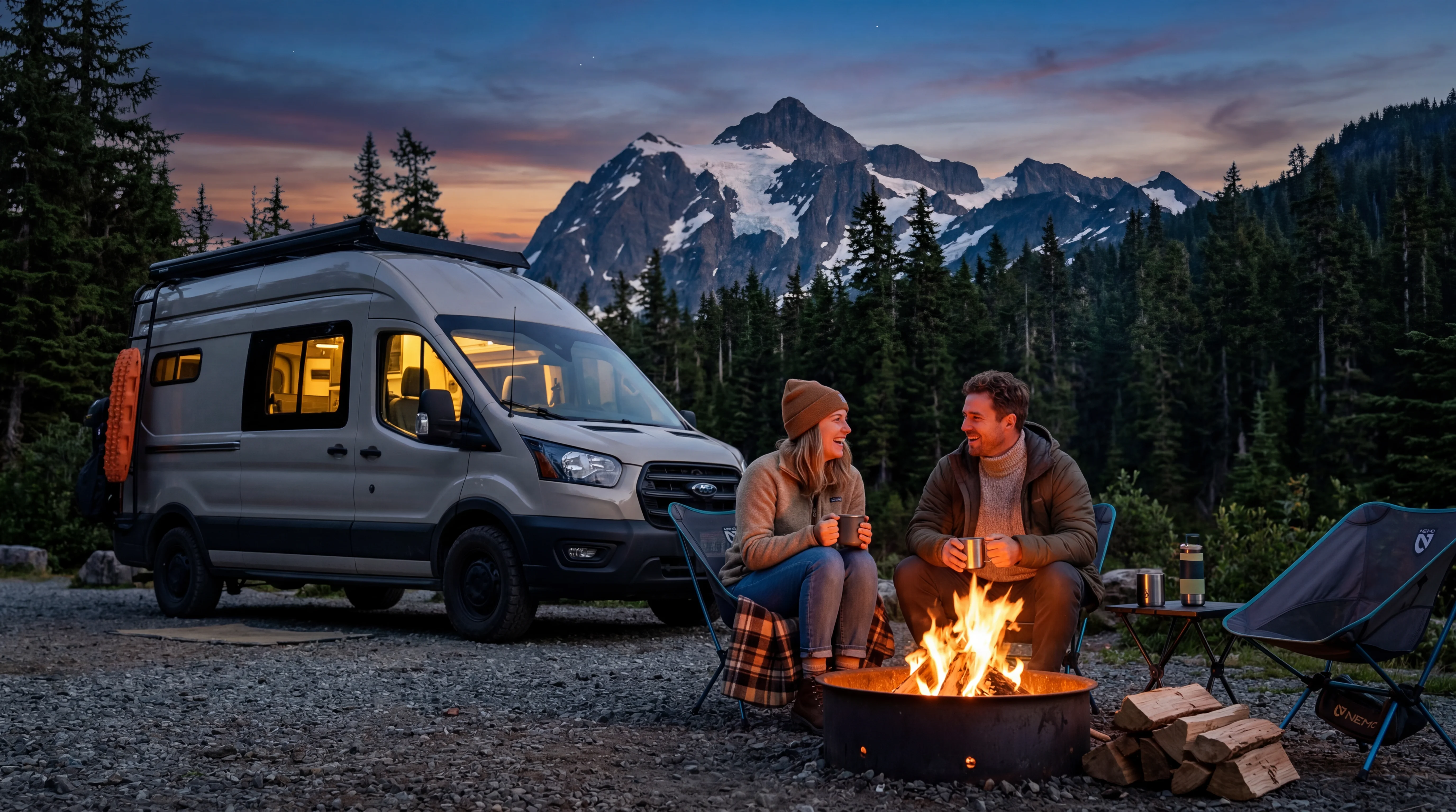 Couple at campfire next to RV with Cascade mountain peaks and evergreen forest at dusk