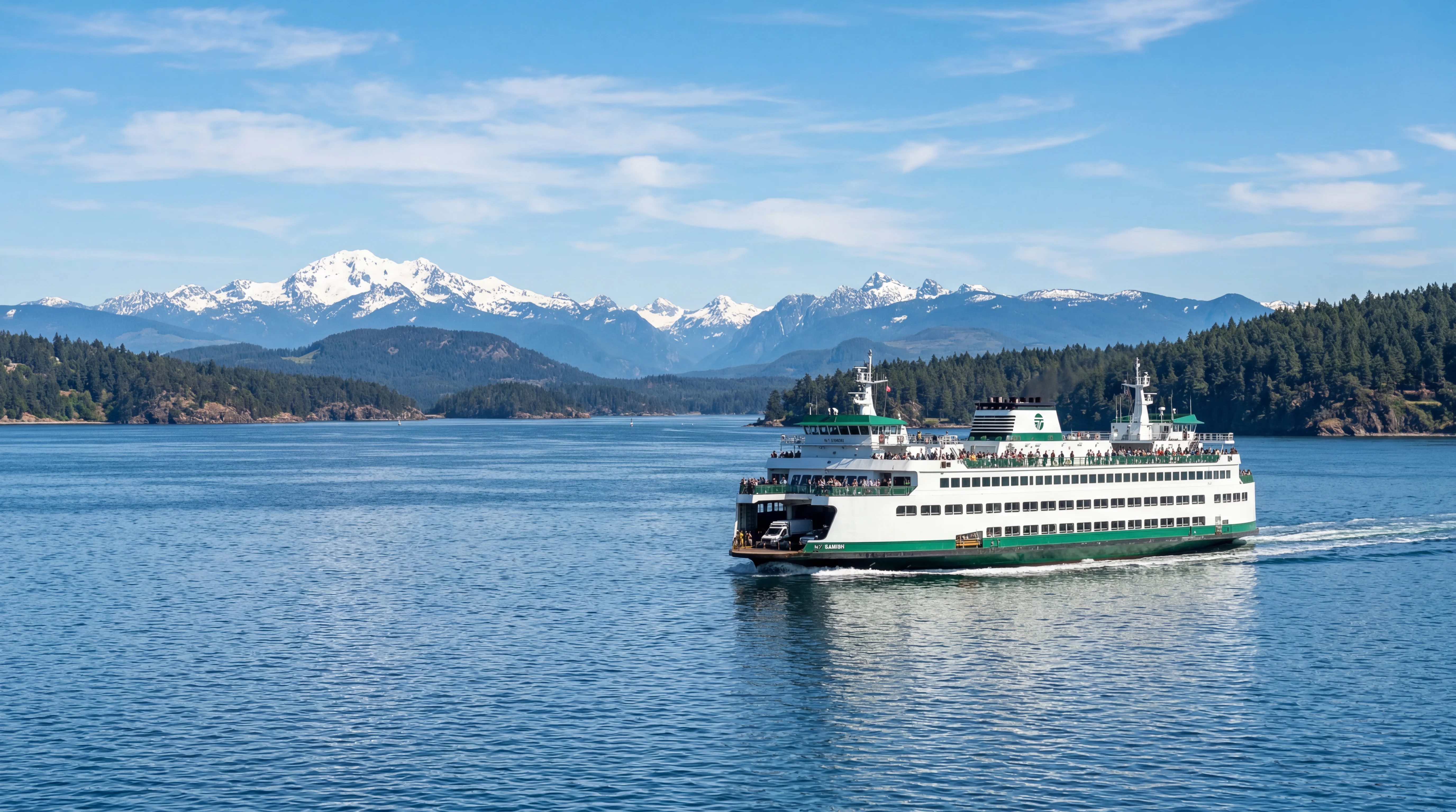 Washington State Ferry crossing Puget Sound with San Juan Islands and mountains