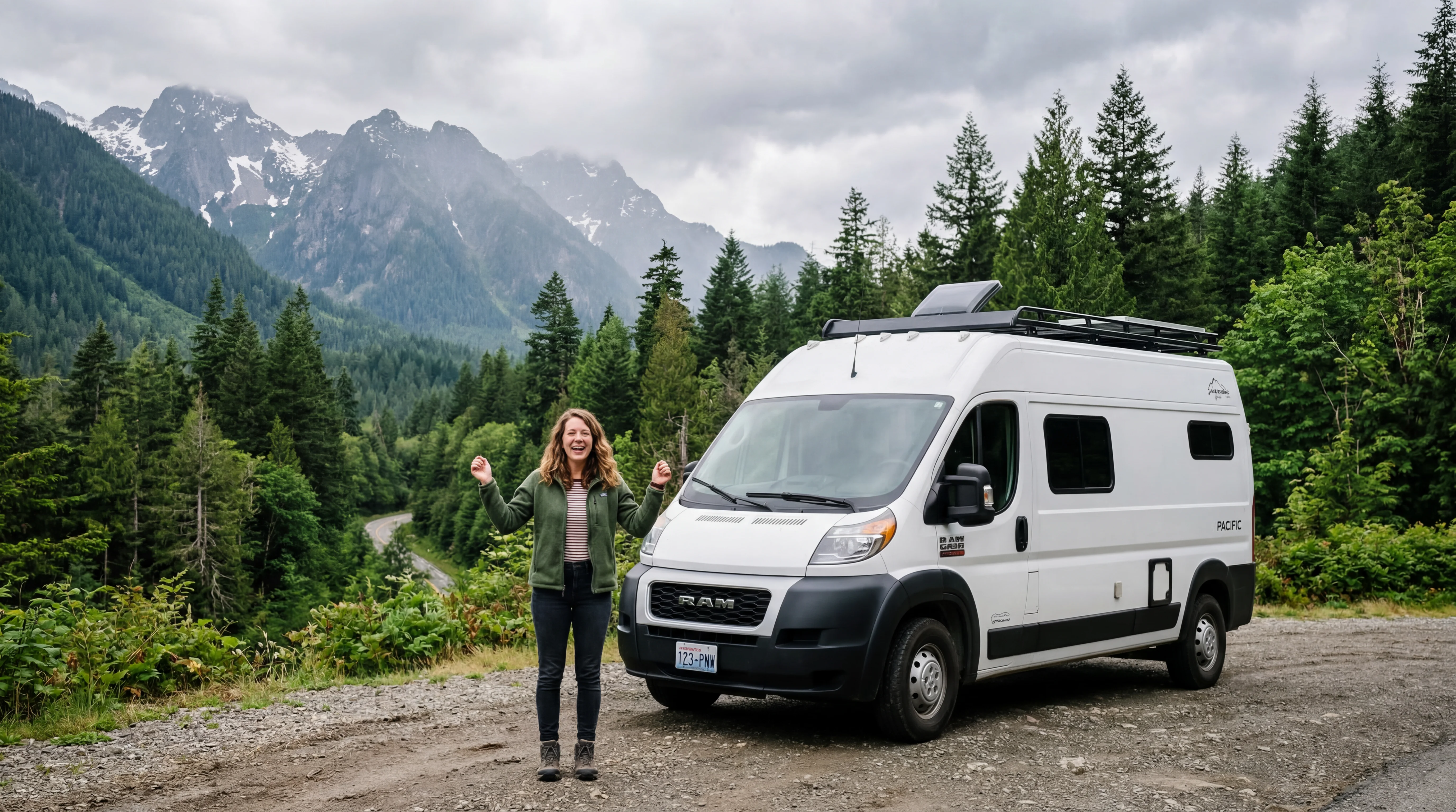 Excited first time RV renter with Cascade mountain backdrop in Washington