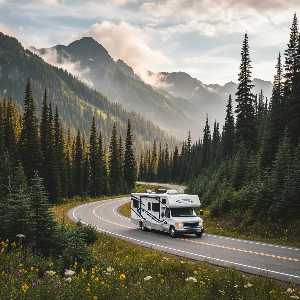 Class C motorhome driving through a dramatic Washington State mountain pass with evergreen forests
