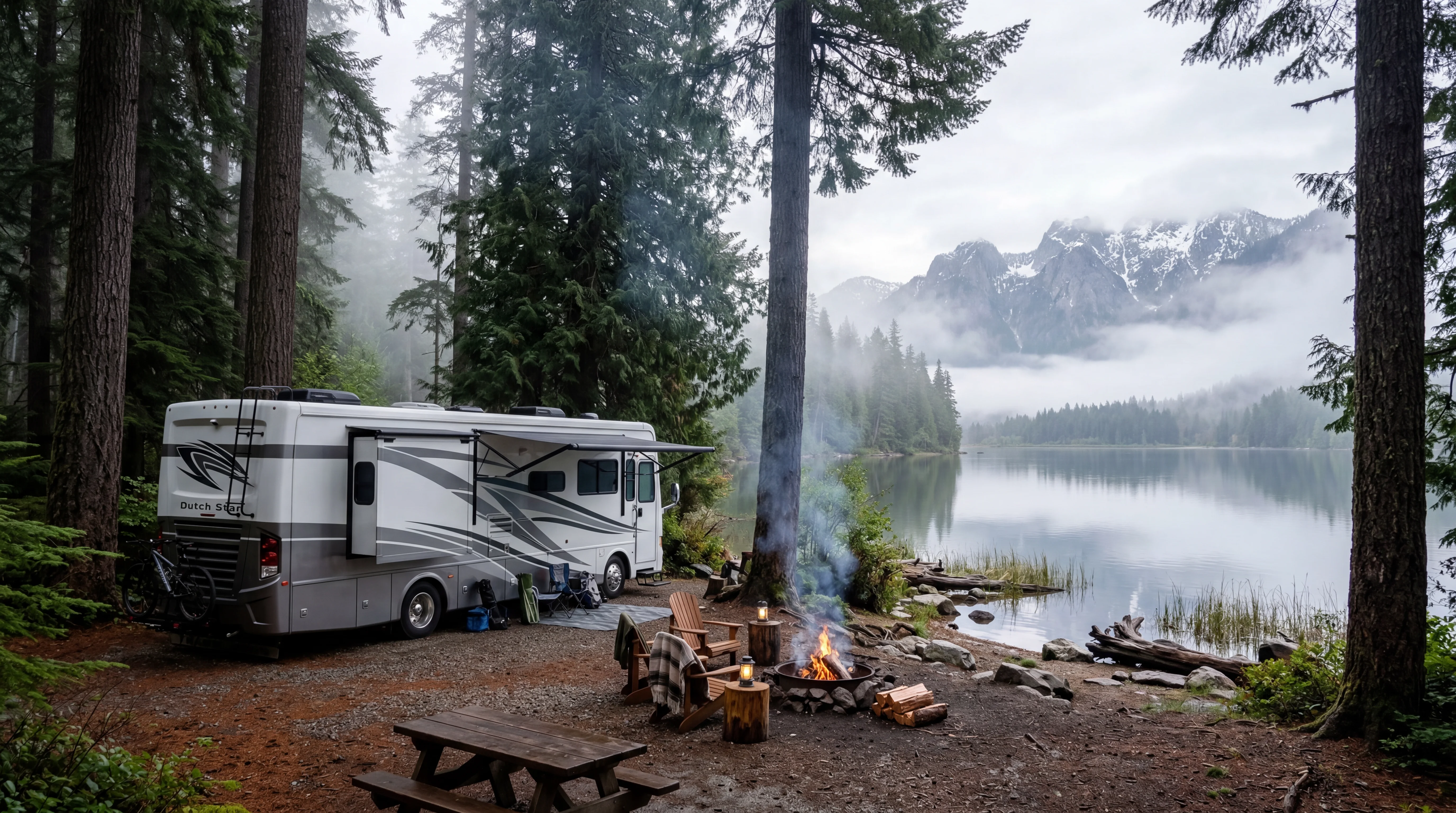 Modern RV at a scenic Pacific Northwest campsite with Douglas fir trees and mountain lake