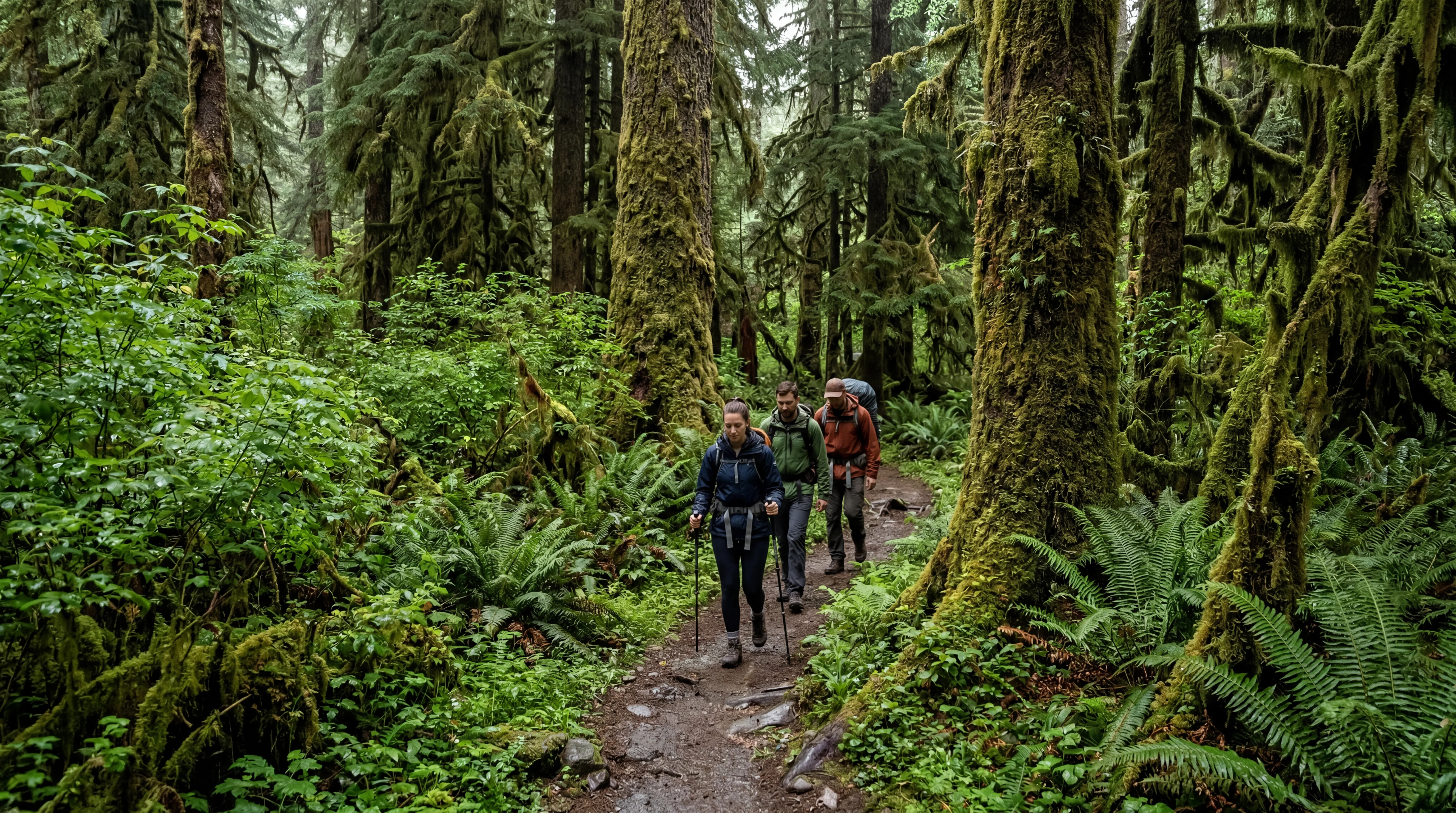 Hikers on lush green trail in Hoh Rainforest Olympic National Park with moss covered trees