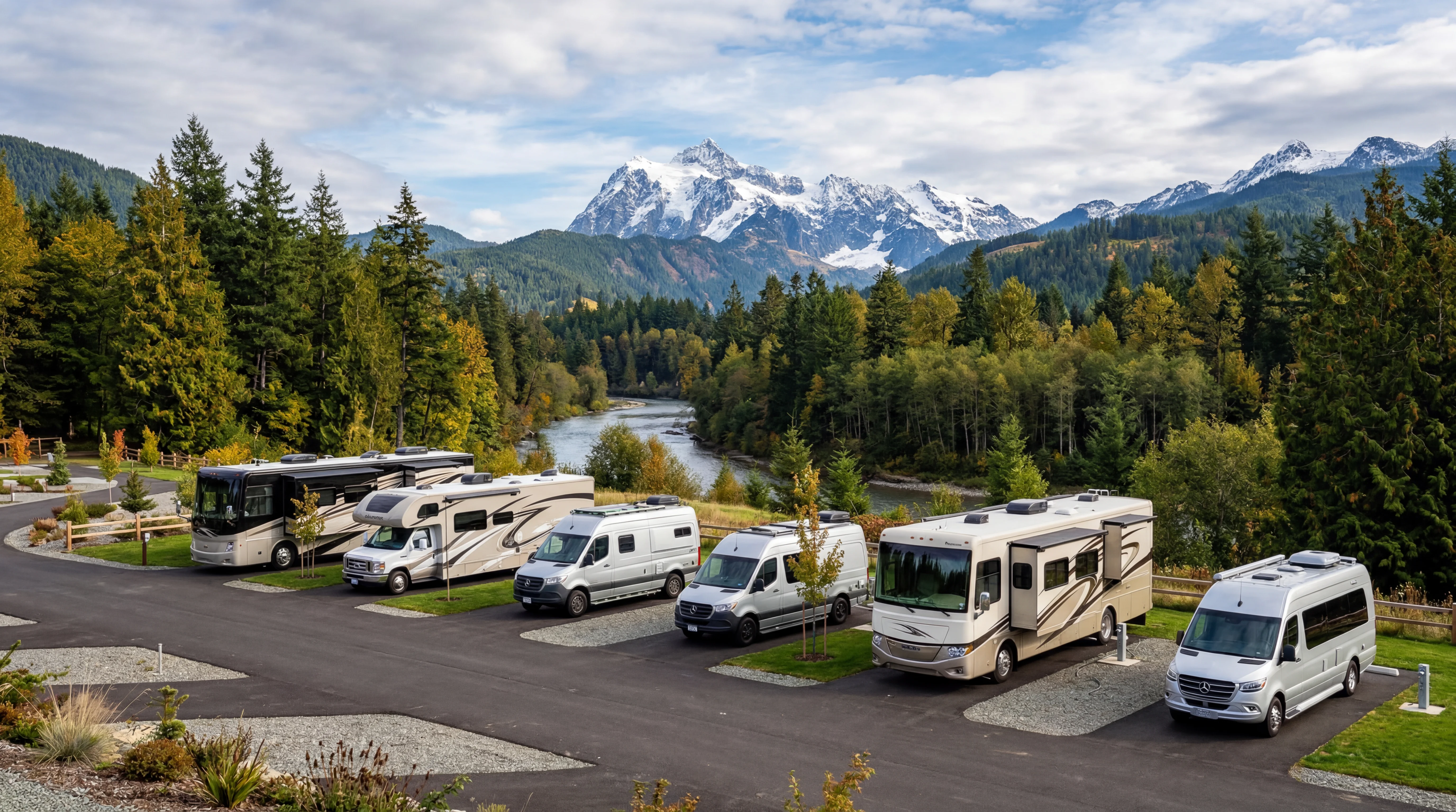 Modern RVs lined up in a Pacific Northwest lot with Cascade mountain backdrop
