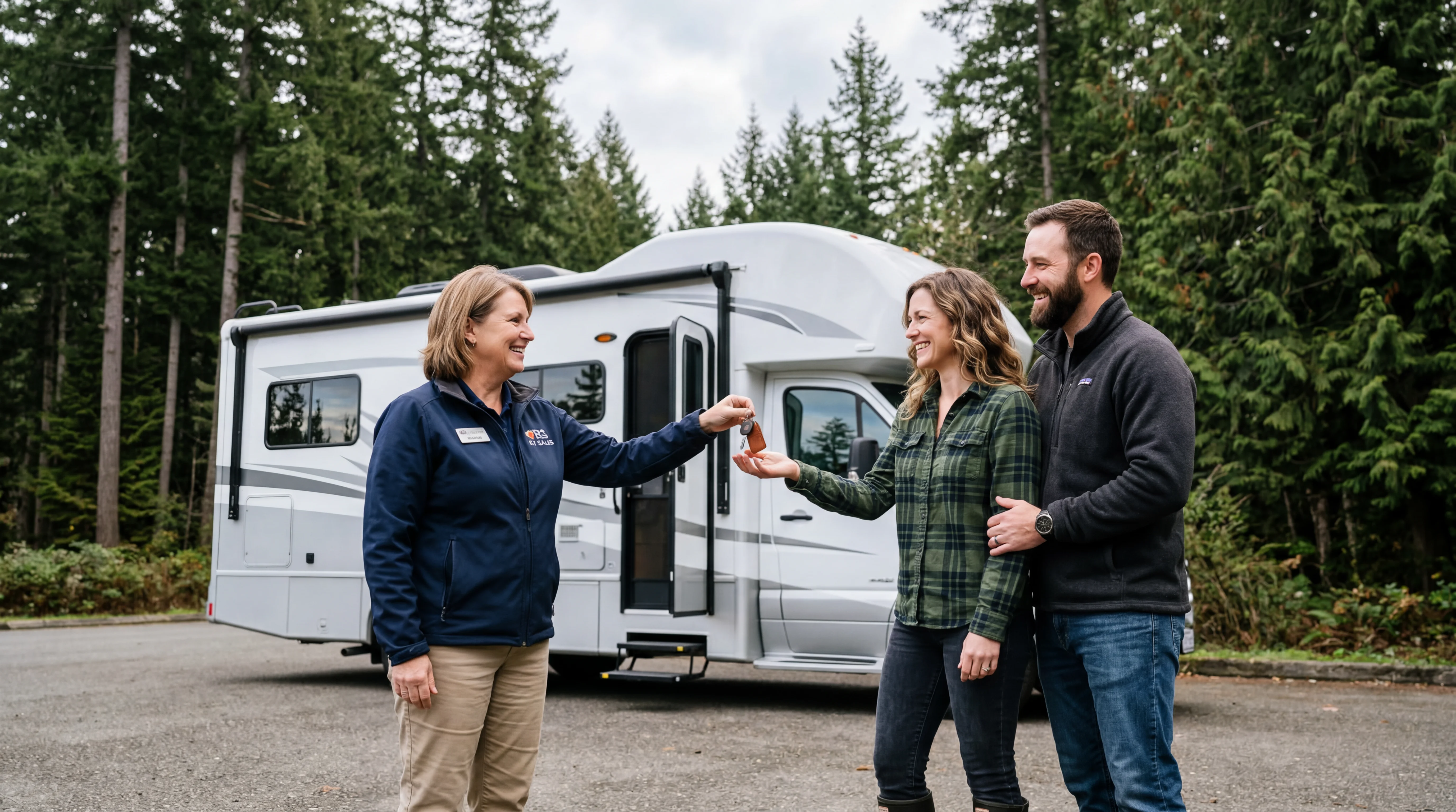 Couple receiving RV keys with Pacific Northwest evergreen trees and overcast sky