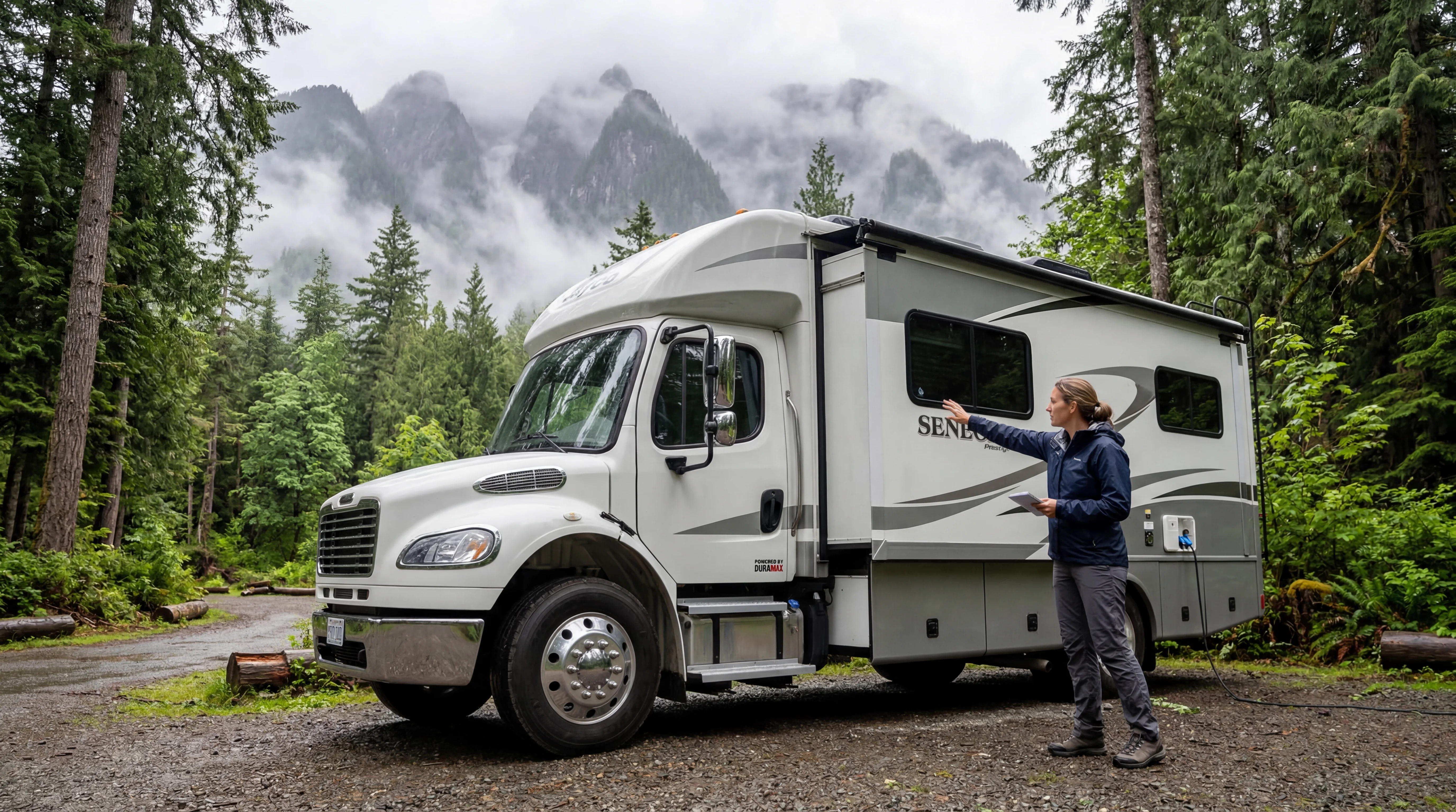 Person inspecting a modern RV exterior in a Pacific Northwest setting with evergreen trees