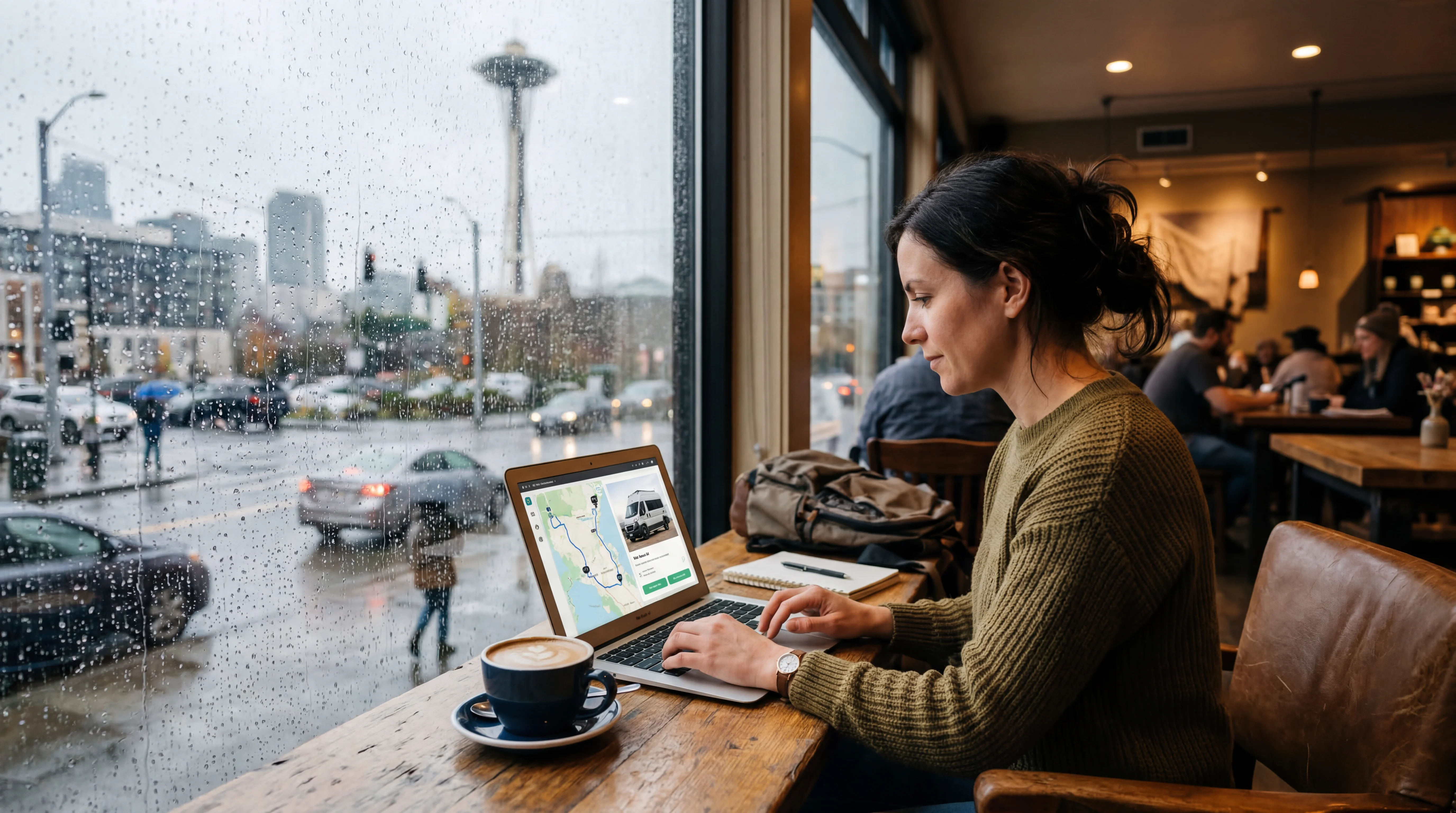 Person planning an RV trip on a laptop in a cozy Seattle coffee shop with rain on window
