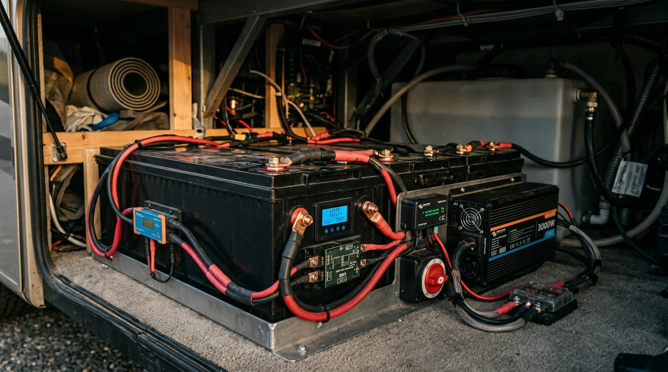 RV electrical system diagram showing battery connections and solar charging setup for a lithium iron phosphate installation