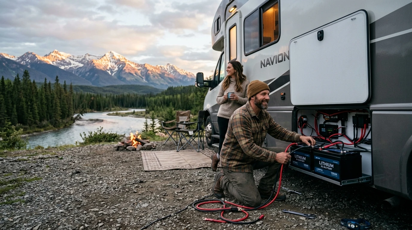 RV parked at a scenic campsite powered by a lithium battery bank providing reliable off grid energy for extended boondocking trips