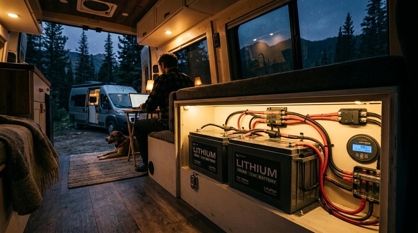Side by side comparison of lithium iron phosphate and lead acid batteries showing size and weight differences for RV applications
