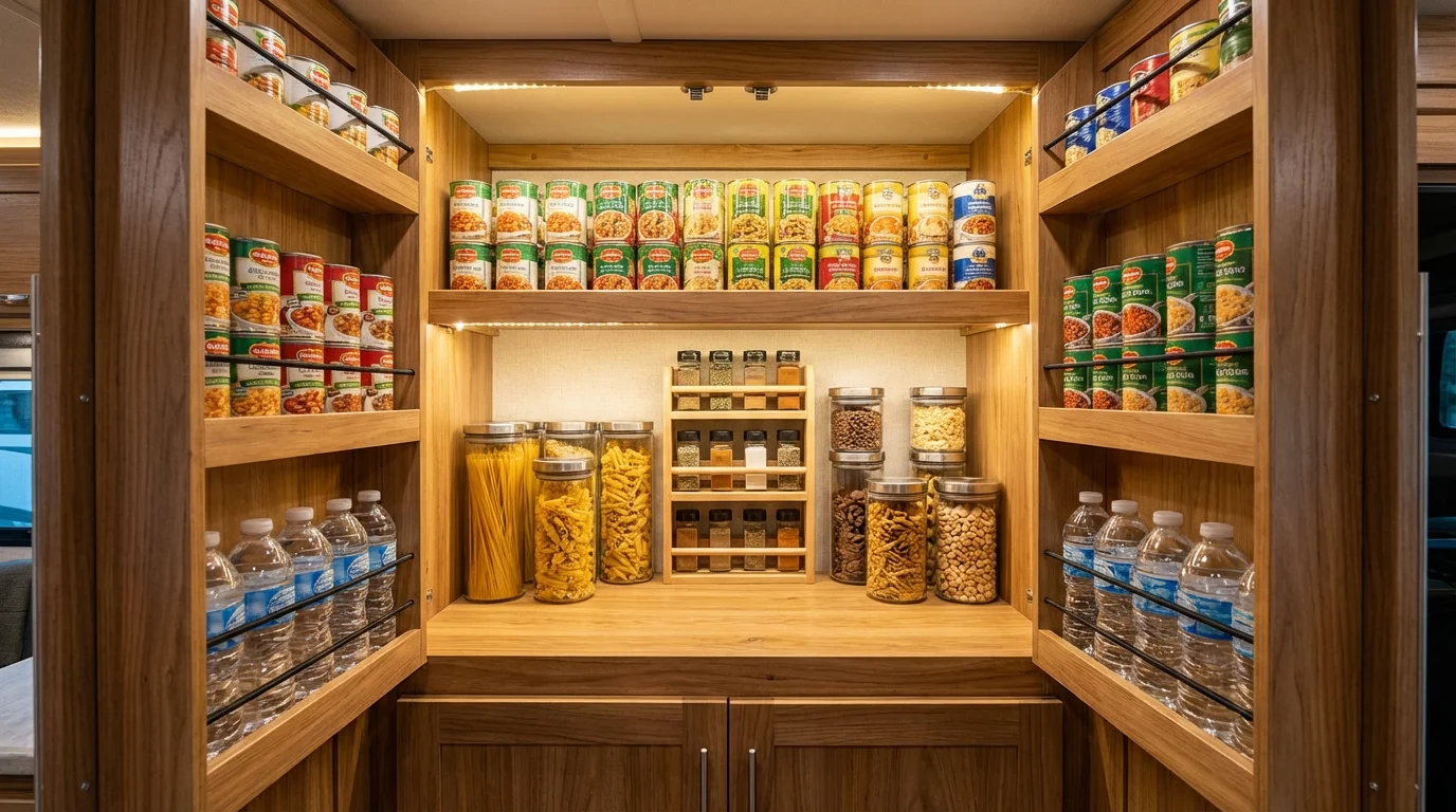 Well-organized RV pantry with canned goods, containers, and secured water bottles