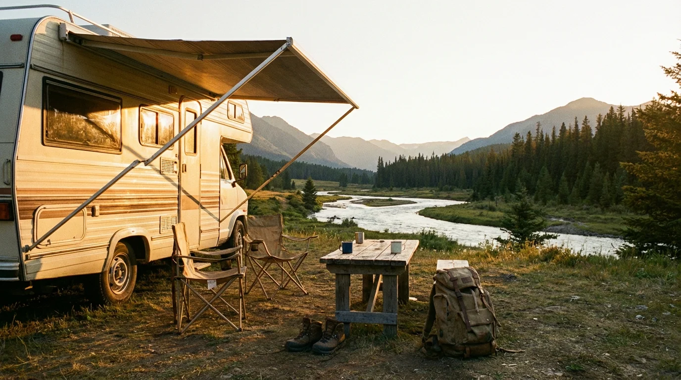 Campsite with folding chairs, awning, and hiking gear beside motorhome