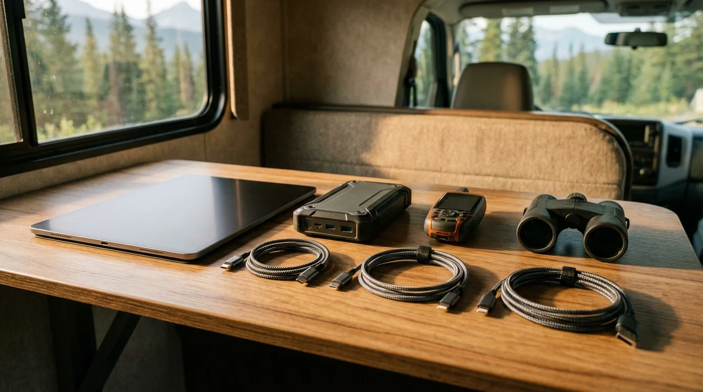 Organized travel electronics with tablet, GPS, and portable chargers