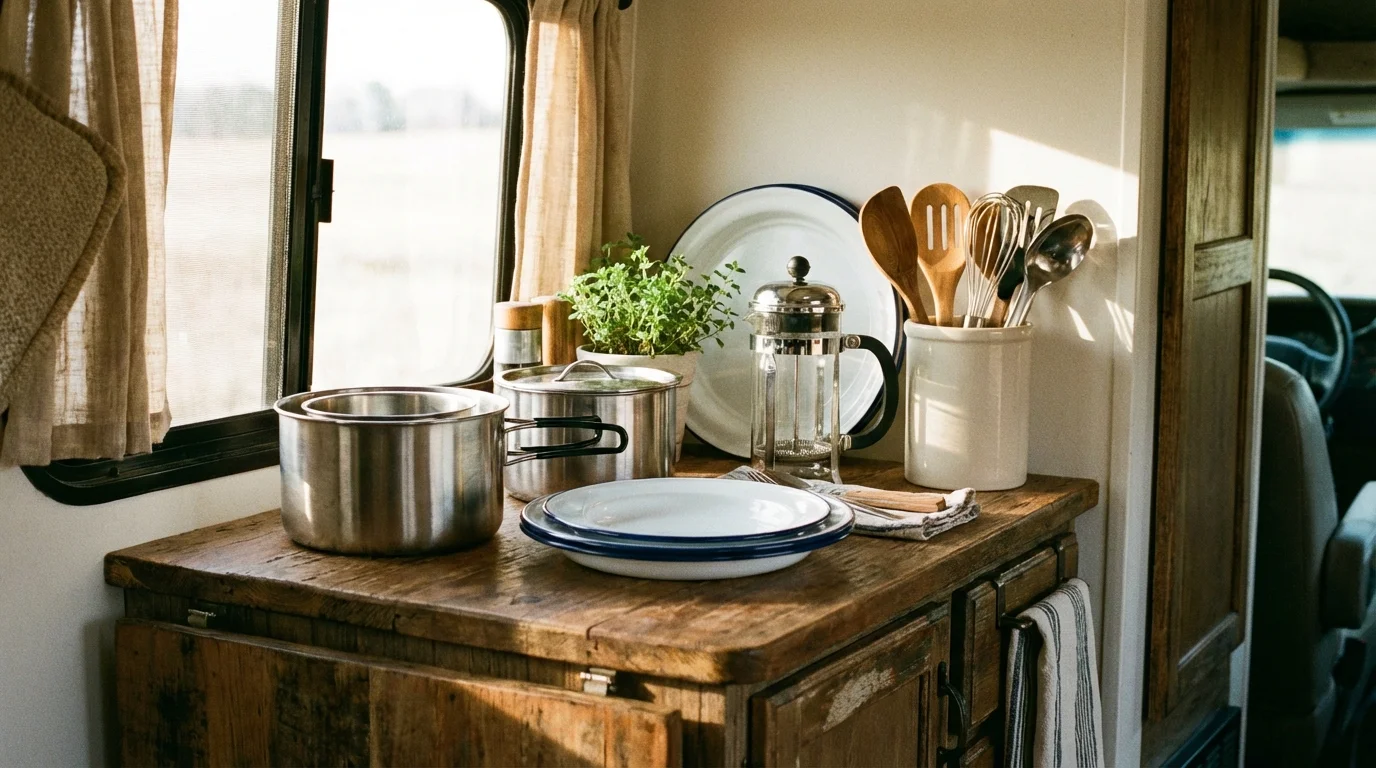Compact RV kitchen with nesting cookware and French press