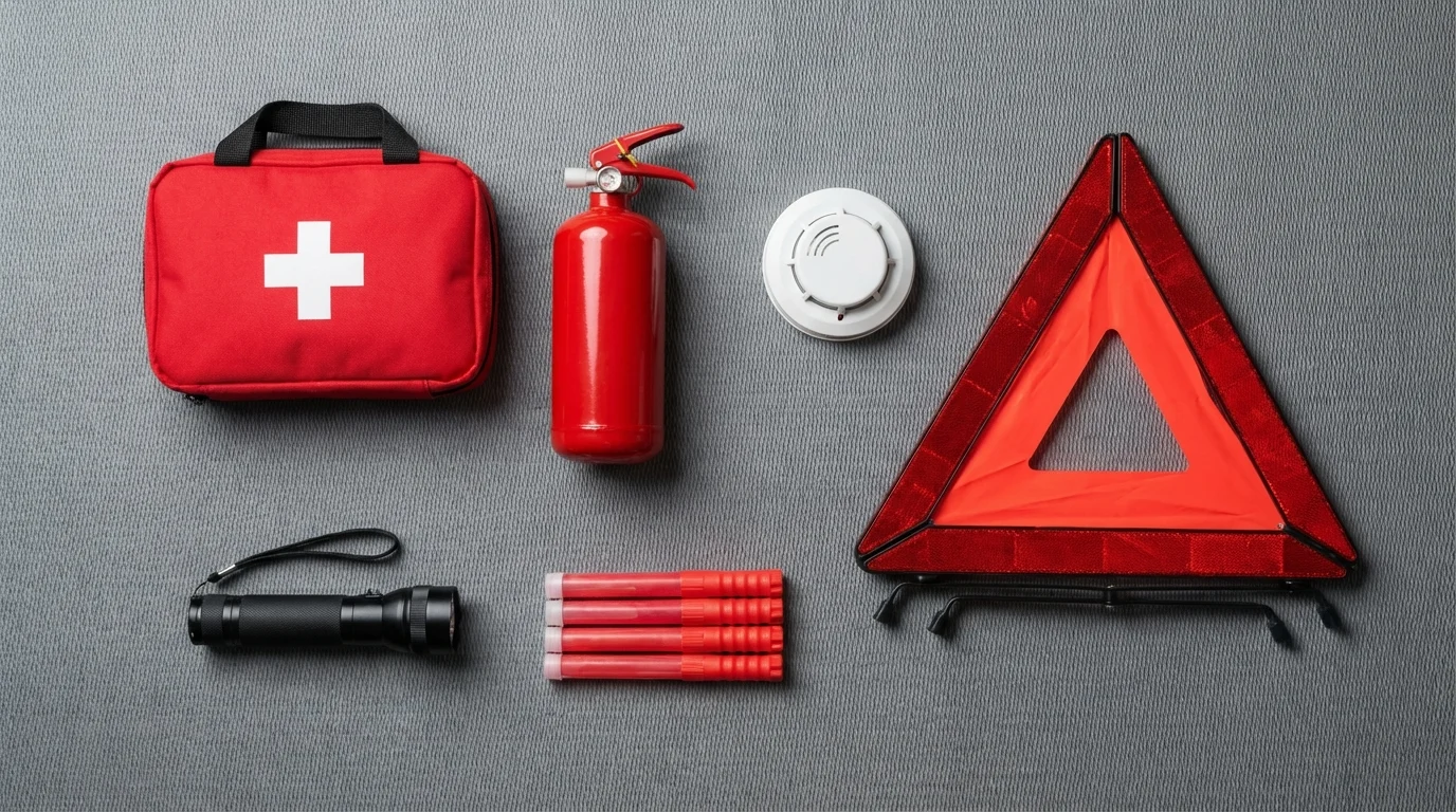 RV safety equipment including first aid kit, fire extinguisher, and warning triangle