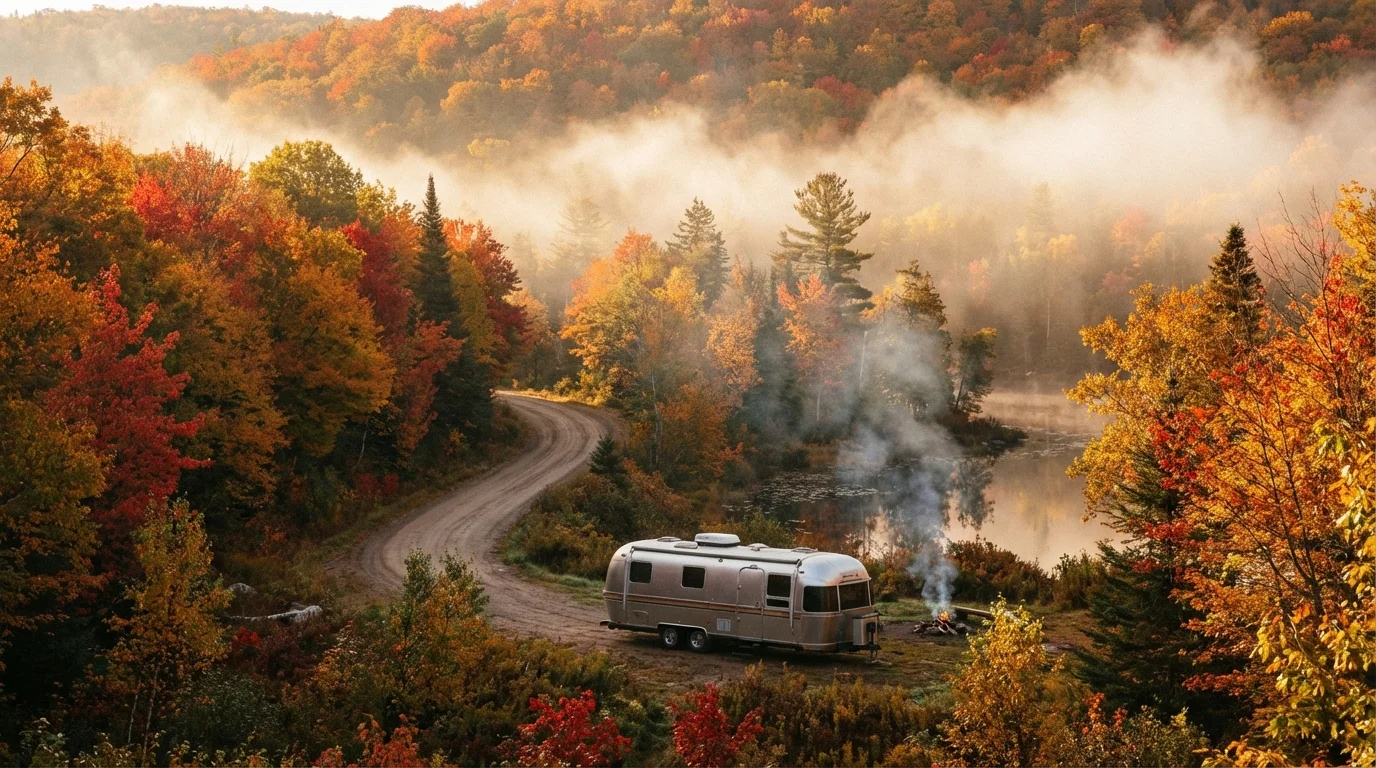 Motorhome parked in colorful autumn forest with fall foliage