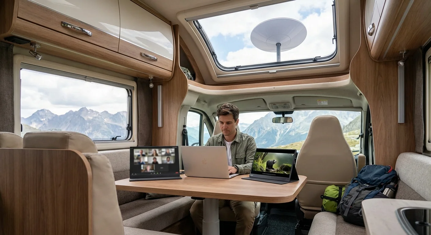 Person working on a laptop inside a modern RV with satellite internet dish on the roof and scenic mountain view outside