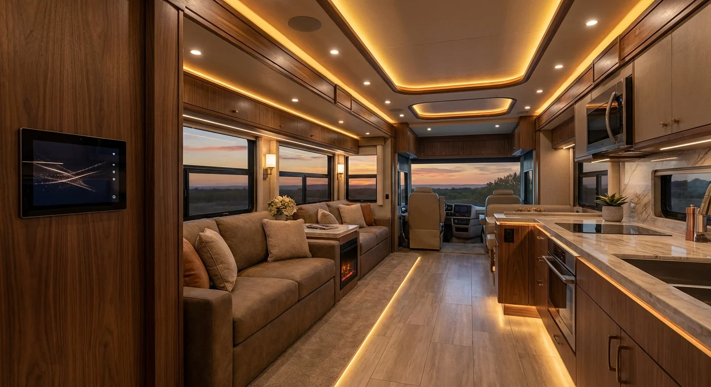 Luxurious smart RV interior with ambient LED mood lighting, touchscreen control panel, and modern living space