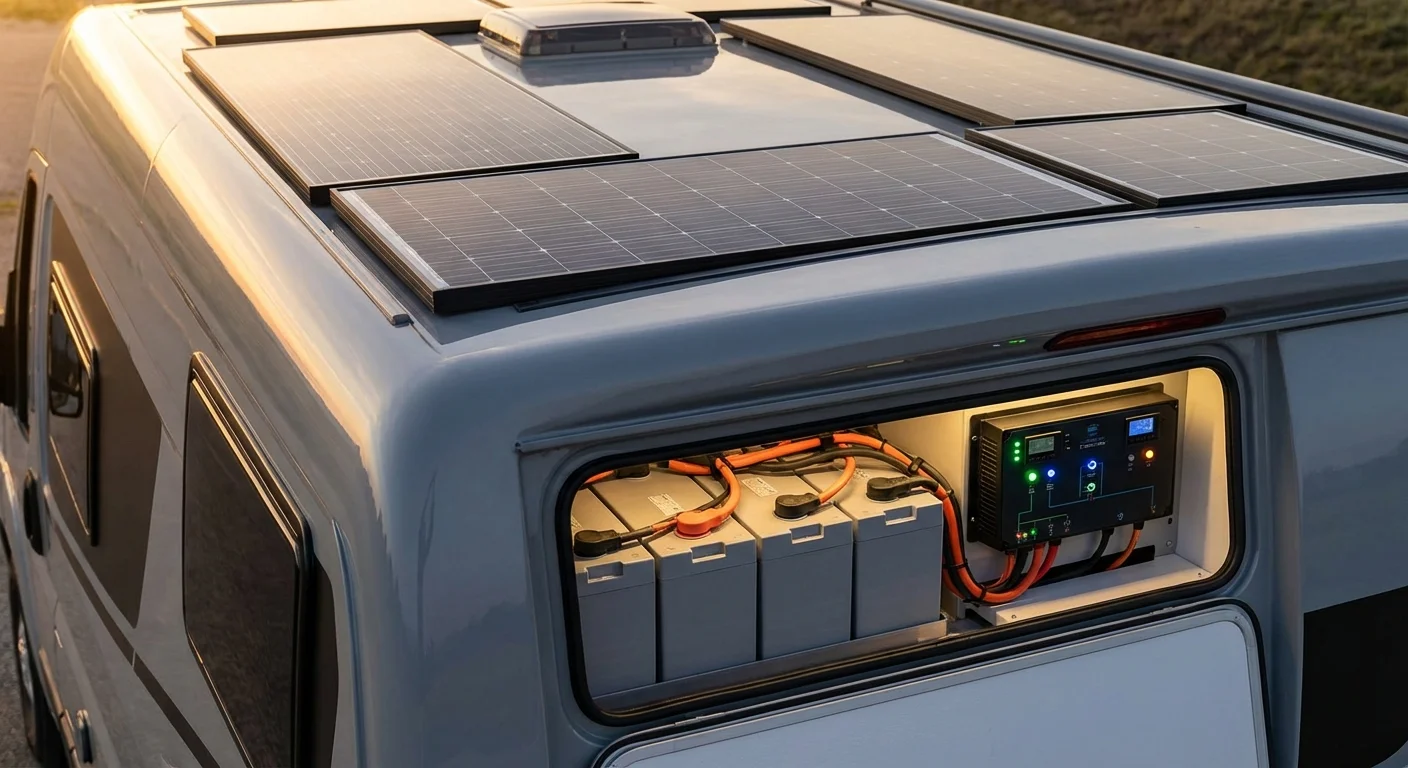 Modern RV roof with high-efficiency solar panel array and lithium battery bank with smart power monitoring equipment