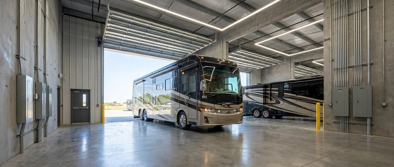Wide drive-through bay of an indoor RV storage facility with a motorhome entering through oversized doors
