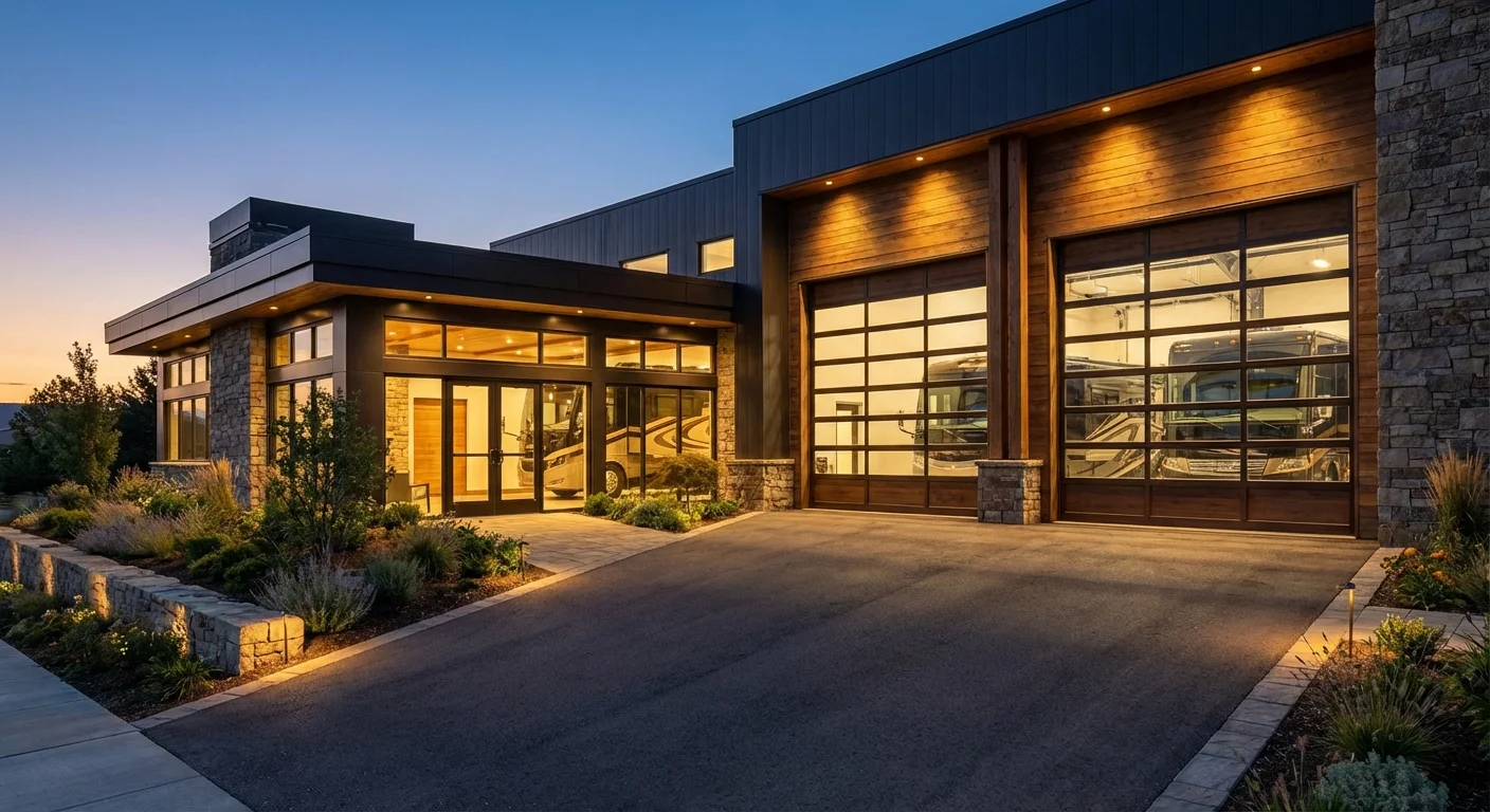 Exterior entrance of a premium indoor RV storage facility at twilight with warm lighting and paved driveway