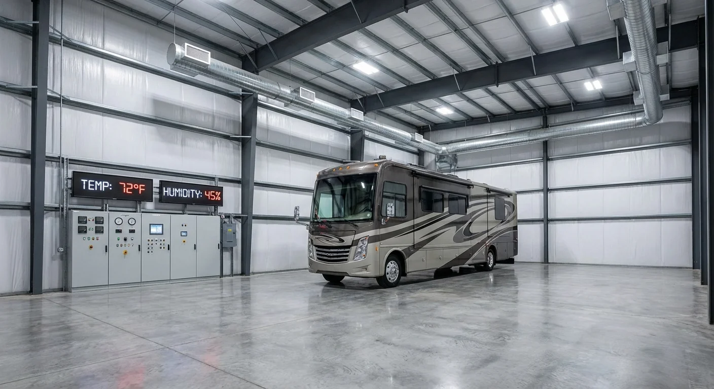 Large modern indoor RV storage facility with bright LED lighting and recreational vehicles parked in climate-controlled bays