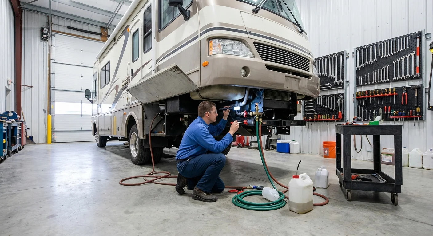 Technician winterizing a recreational vehicle in a professional maintenance area inside a storage facility