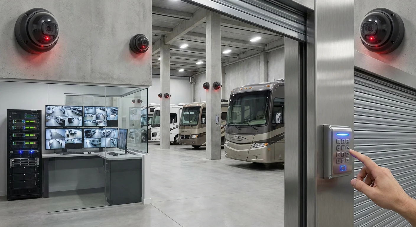 Modern security cameras and electronic keypad access panel at an indoor RV storage facility entrance