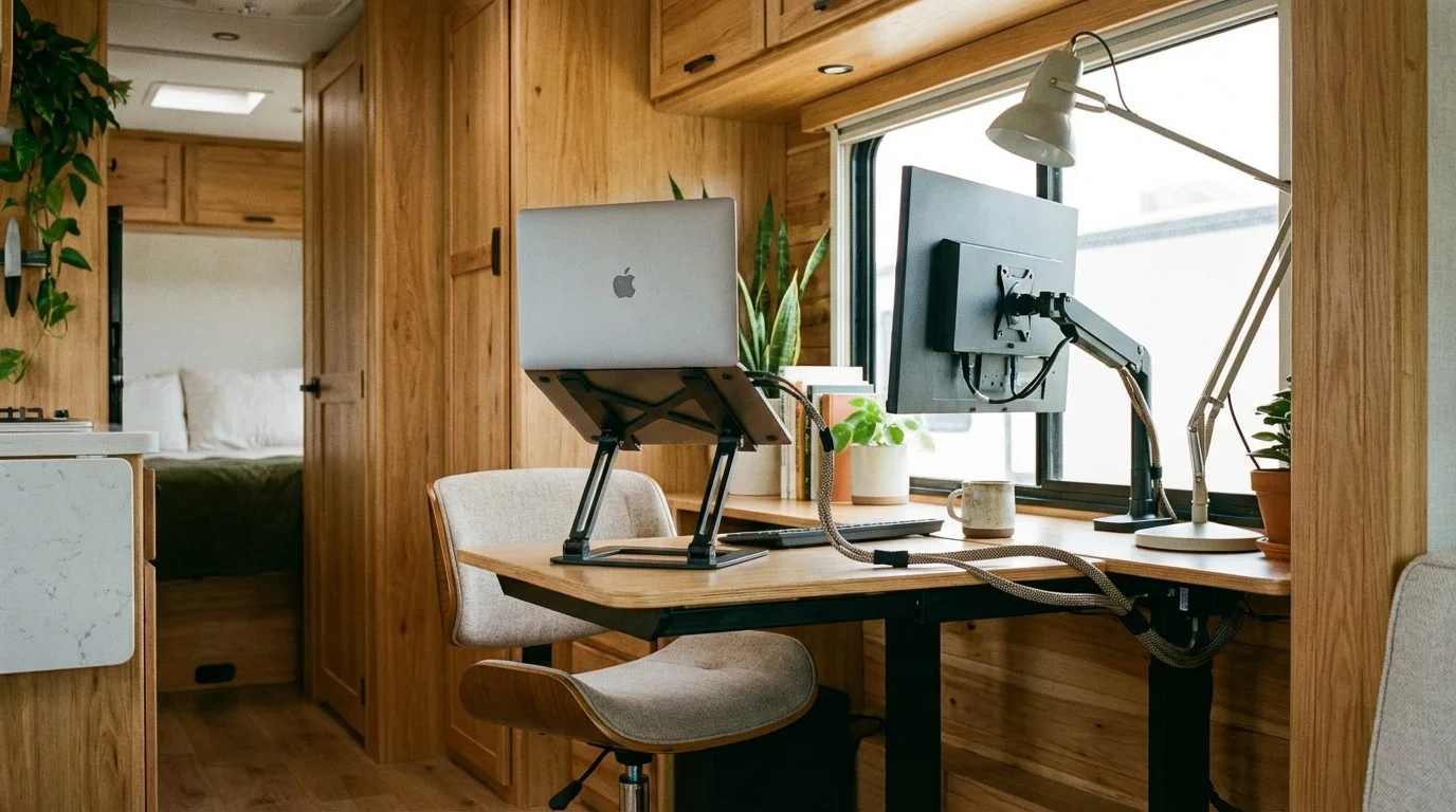 Well-organized RV mobile office with adjustable laptop stand and external monitor
