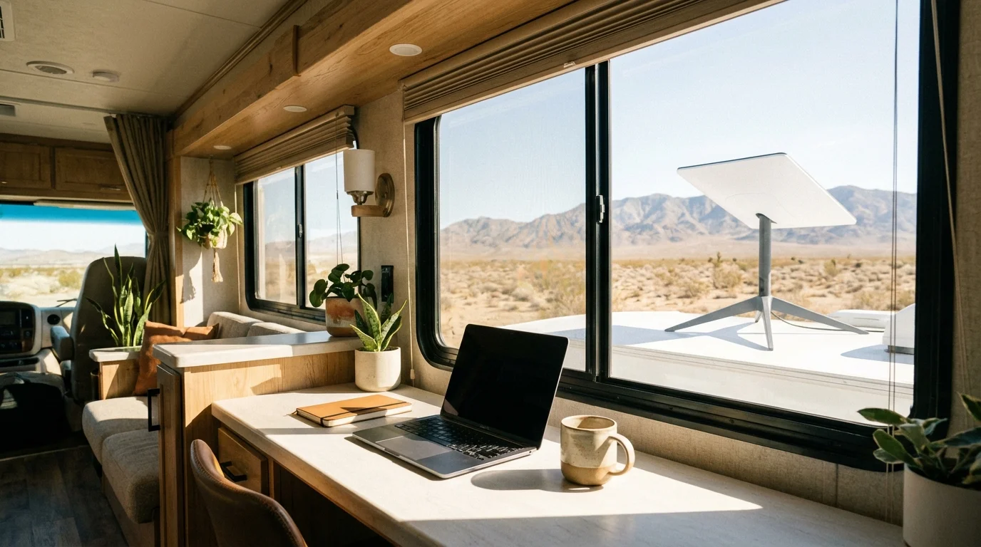 RV interior workspace with laptop and Starlink dish visible through window