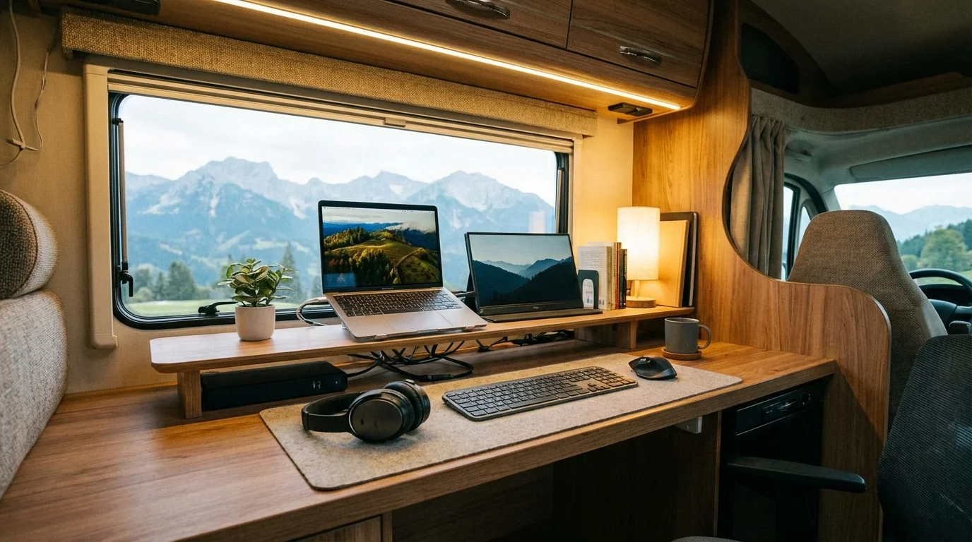 Dual monitor setup in RV with noise-canceling headphones