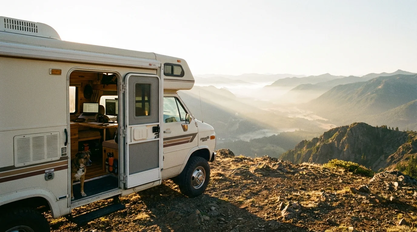 Motorhome parked at scenic mountain overlook with valley view at golden hour