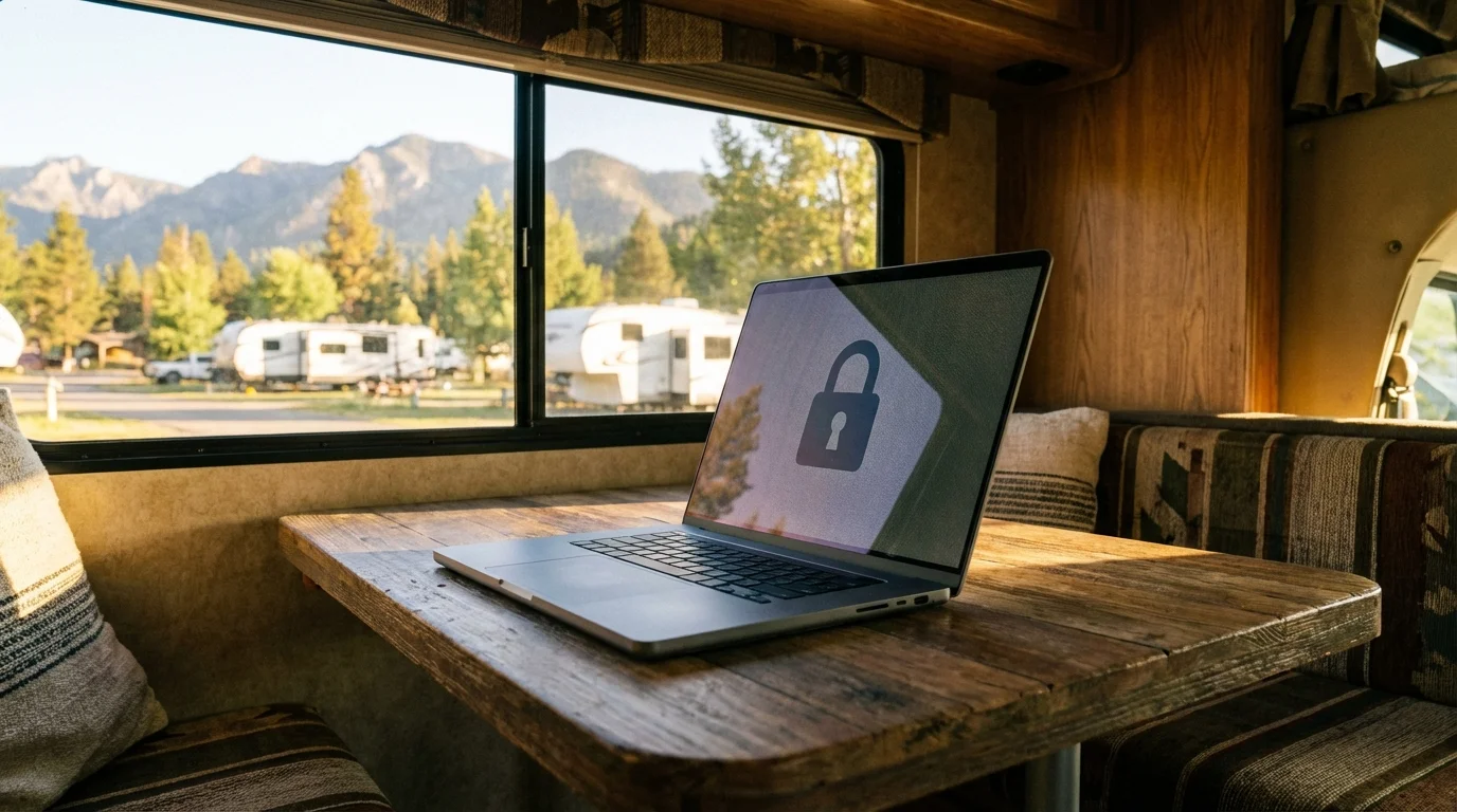 Laptop with security lock screen on RV dinette with campground view through window