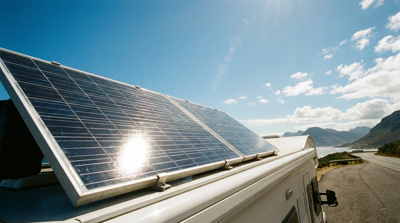 Solar panels mounted on motorhome roof under bright blue sky