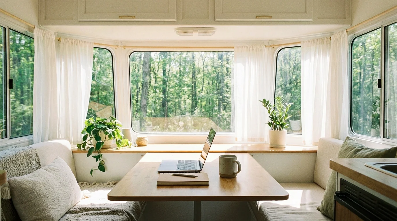 Bright RV workspace with natural sunlight through large windows and forest view