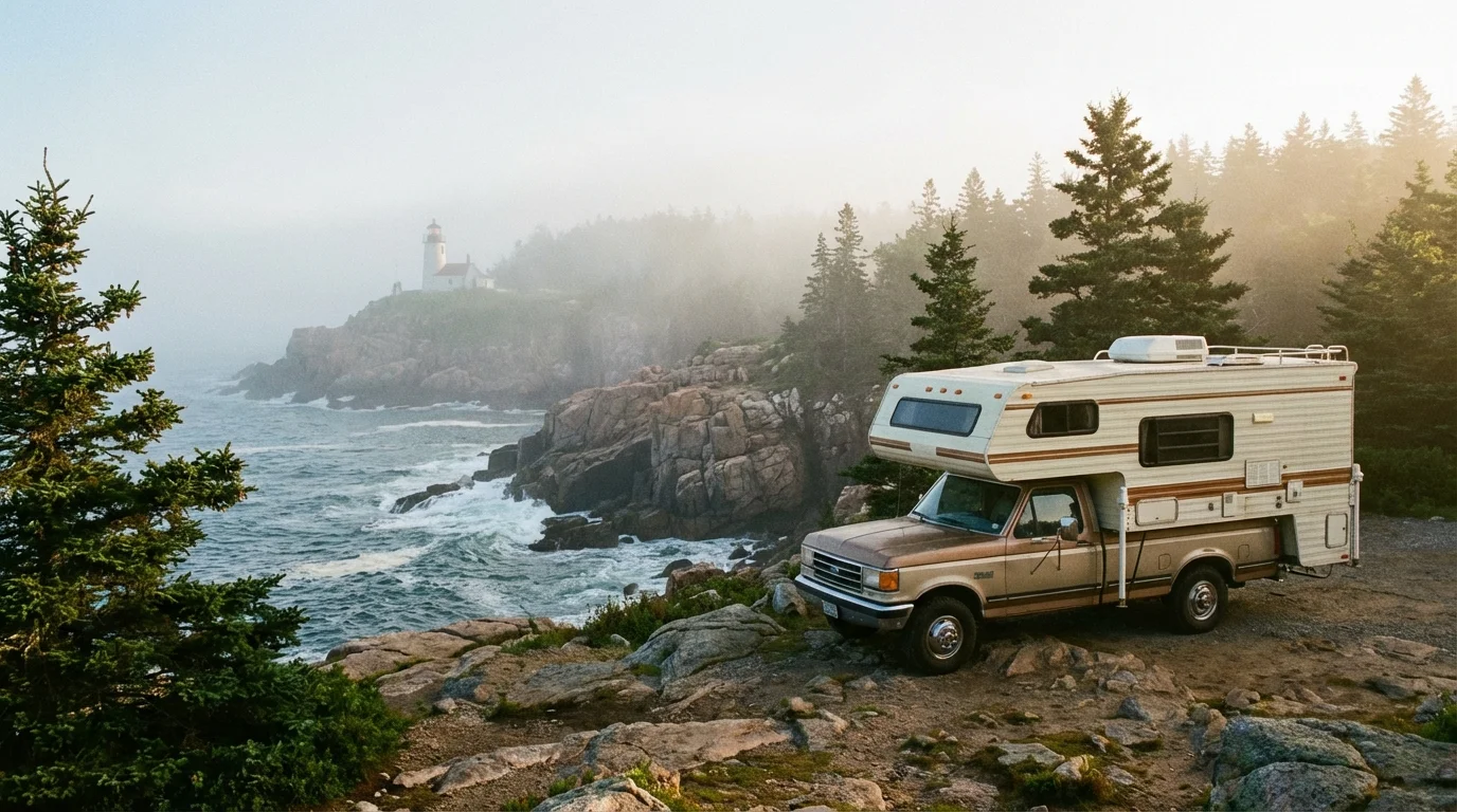 Recreational vehicle at a coastal campsite in Maine with Acadia National Park rocky coastline