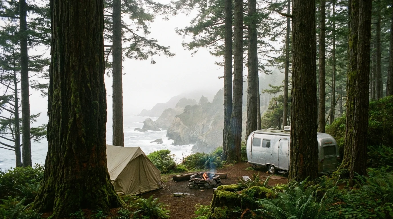Campsite nestled among towering coastal redwood trees along the Big Sur coastline in California