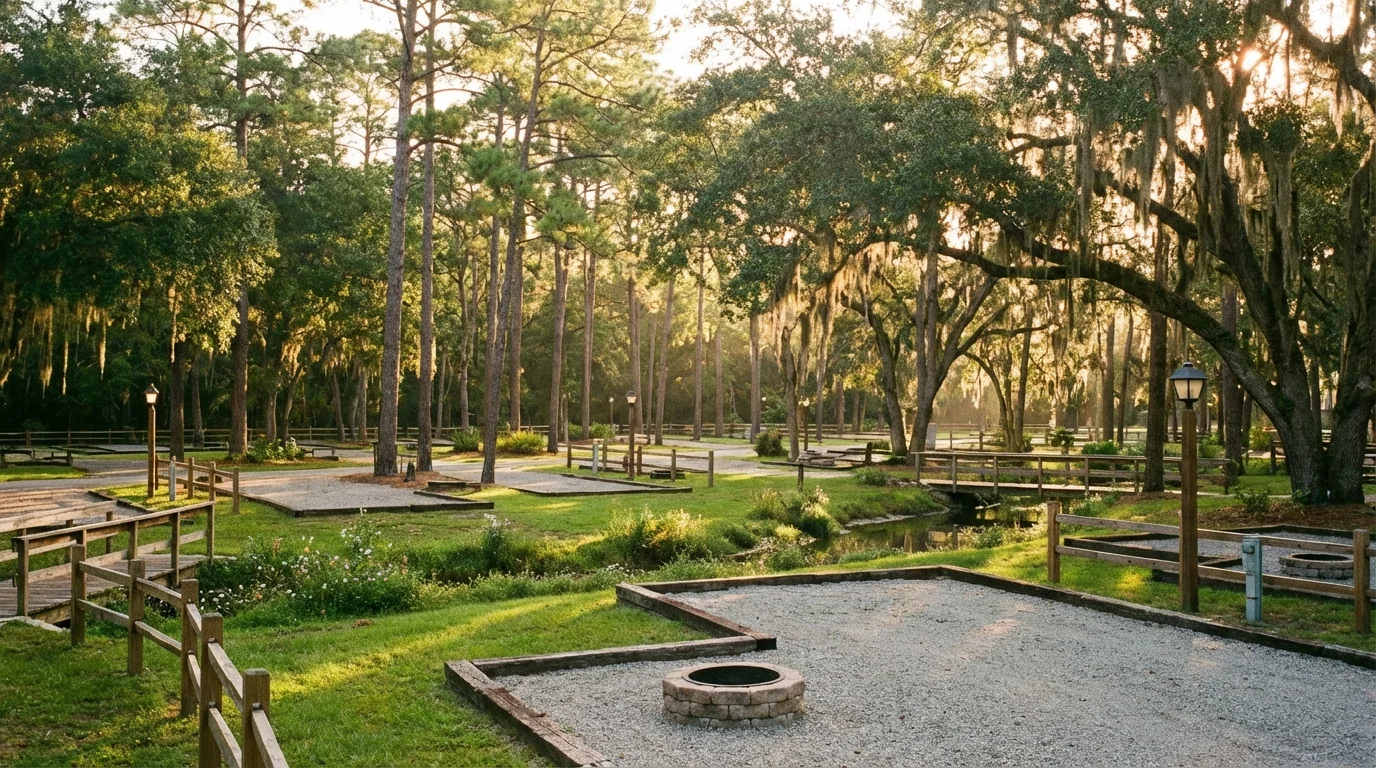 Lush green campground with tall pine trees and spacious RV sites at Fort Wilderness