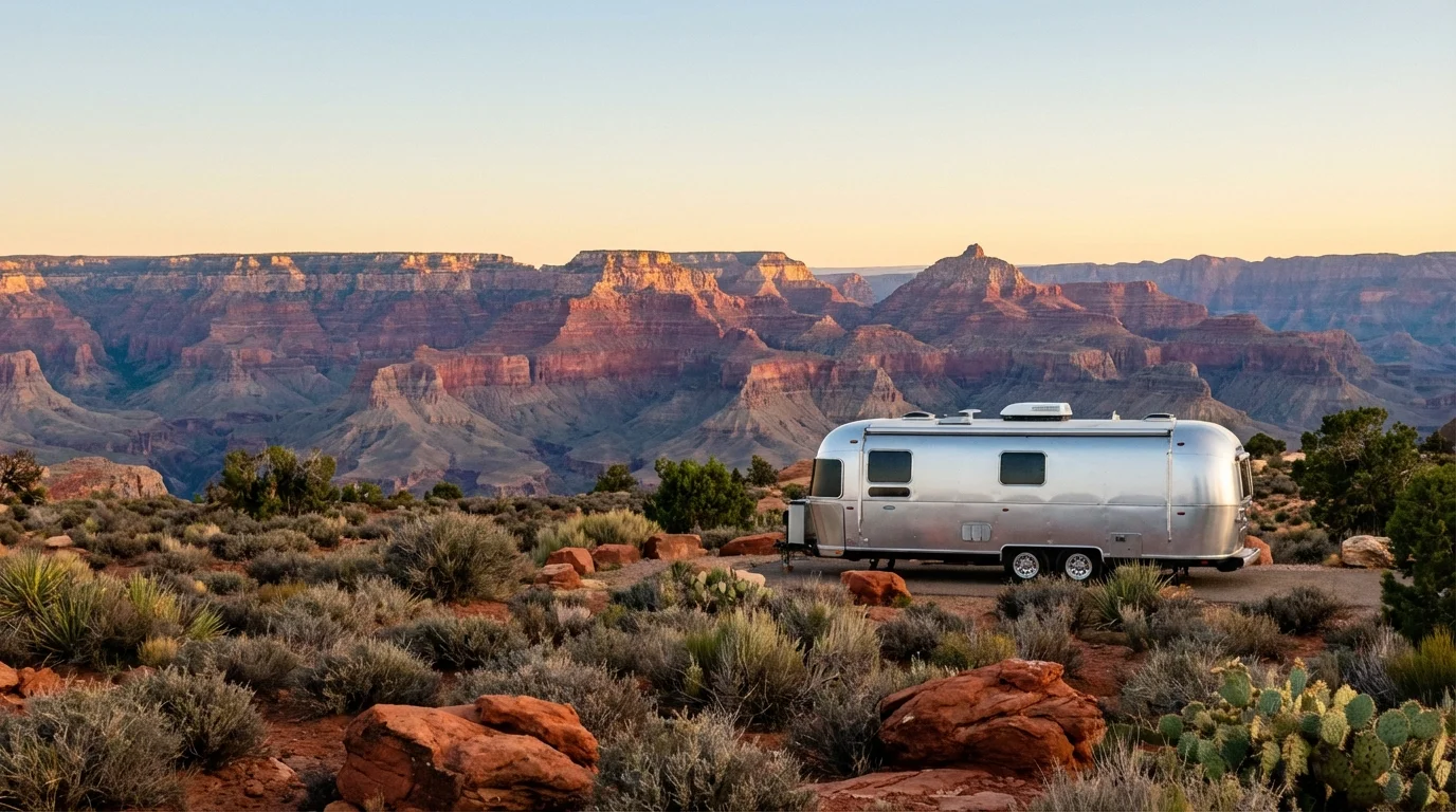 Recreational vehicle at a desert campsite with the Grand Canyon rim visible in the background