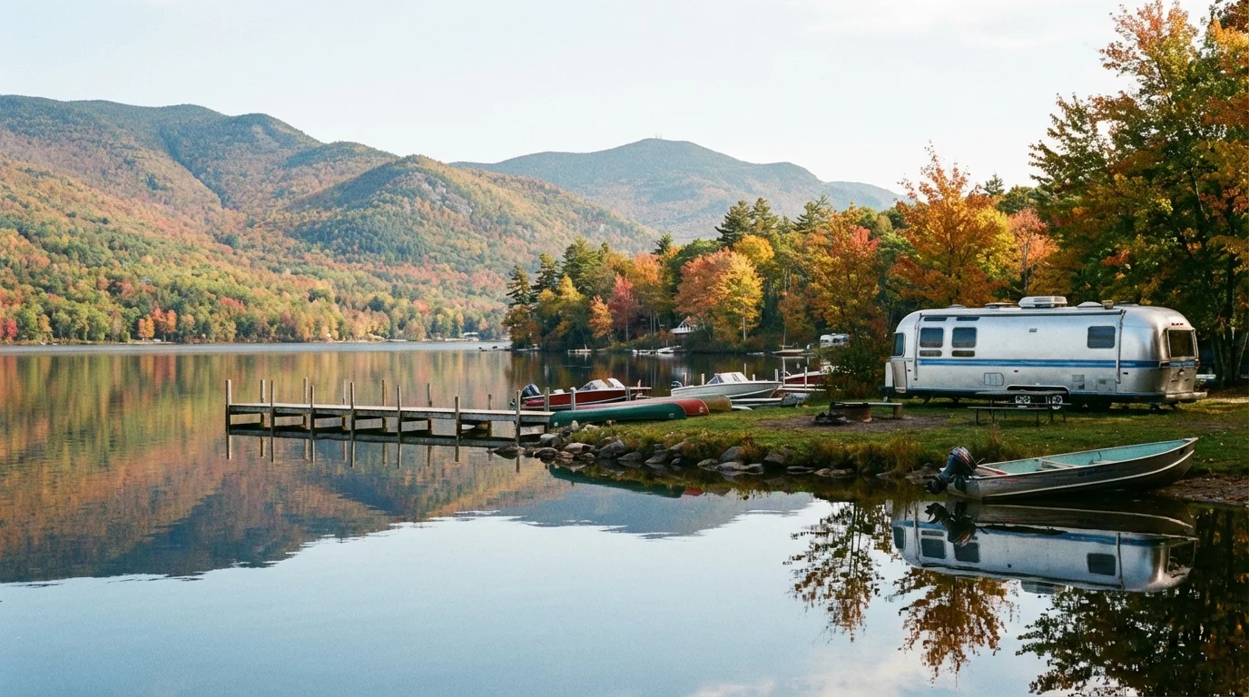 Recreational vehicle at a lakefront campsite on Lake George in the Adirondack Mountains with autumn foliage